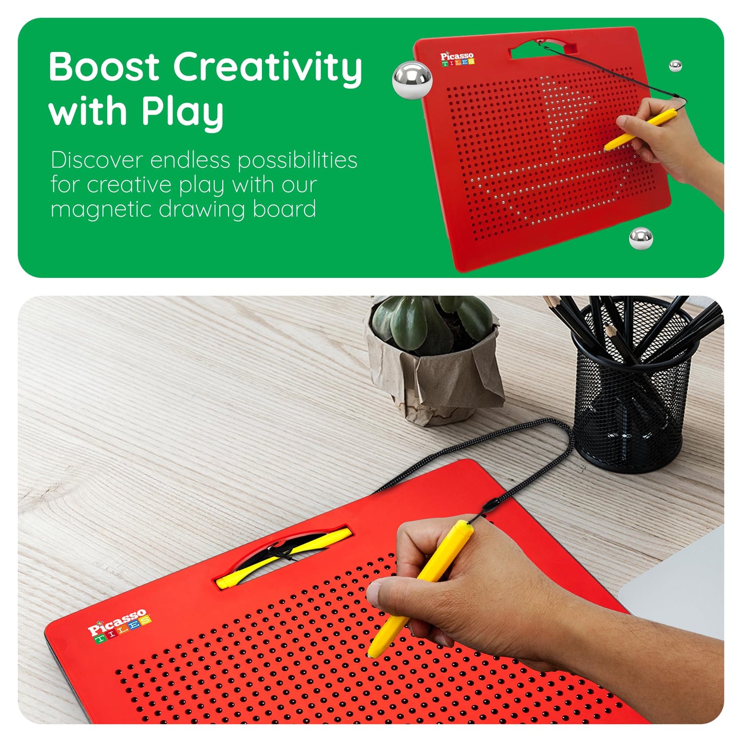 PicassoTiles Toys Magnetic Drawing Board 12x10 inch Large 748 Bead Magnet Tablet Pad Erasable Reusable Writing Playboard STEM Toys Educational Playset Open-Ended Learning Kit PTB01