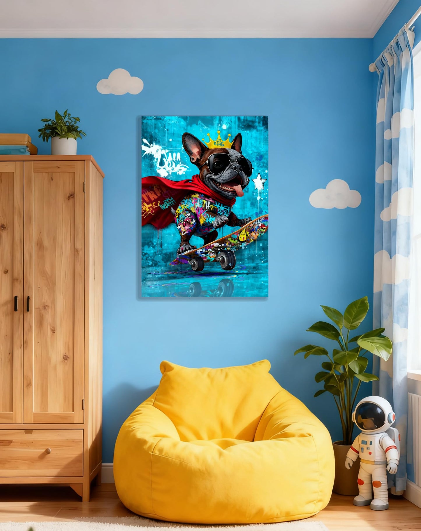 16x24 Graffiti Blue Skateboard Bulldog Canvas Wall Art Gallery Framed Poster Cartoon Dog Watercolor Painting Child Animals Bedroom Pictures Funny Pop Home Decor Teen Boy Kids Room Bathroom Prints
