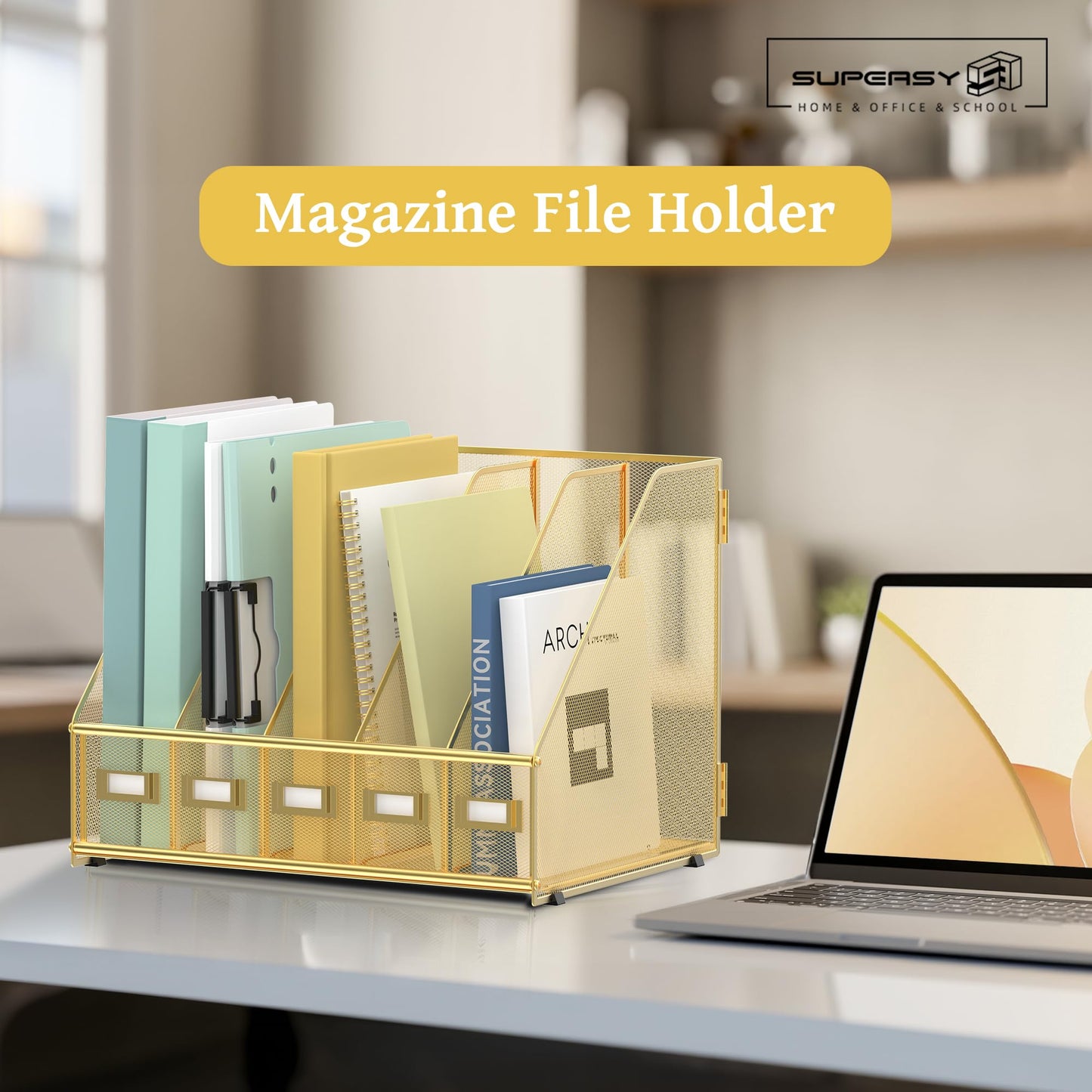 SUPEASY Desk Organizers Metal Desk Magazine File Holder with 5 Vertical Compartments Rack File Organizer for Office Desktop, Classroom, Home Workspace, Gold