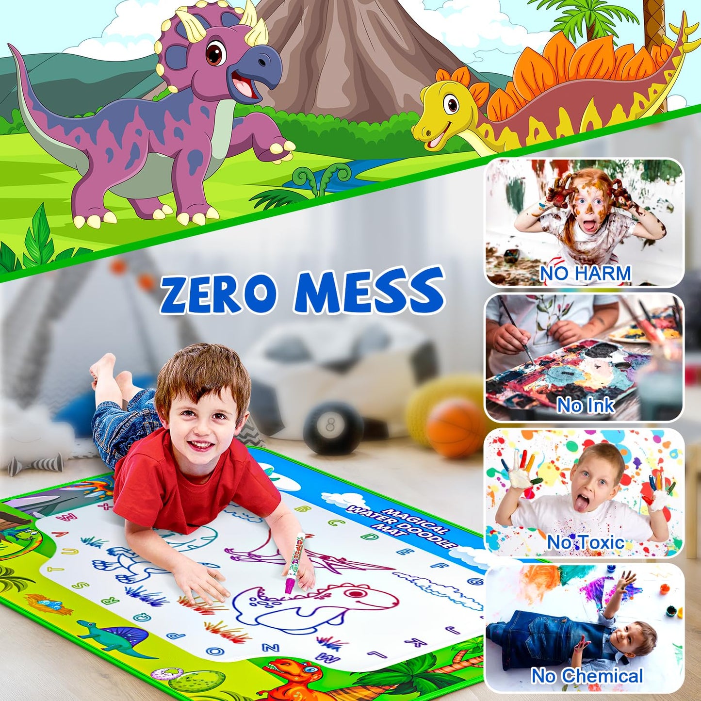 Water Doodle Mat, 40 x 32 Inch Mess Free Drawing Mat, Educational Toy for 3 4 5 6 7 8 Years Old Boys Girls, Neon Color Mat Doodle Board Writing Drawing Toys Holiday Christmas Birthday Gifts