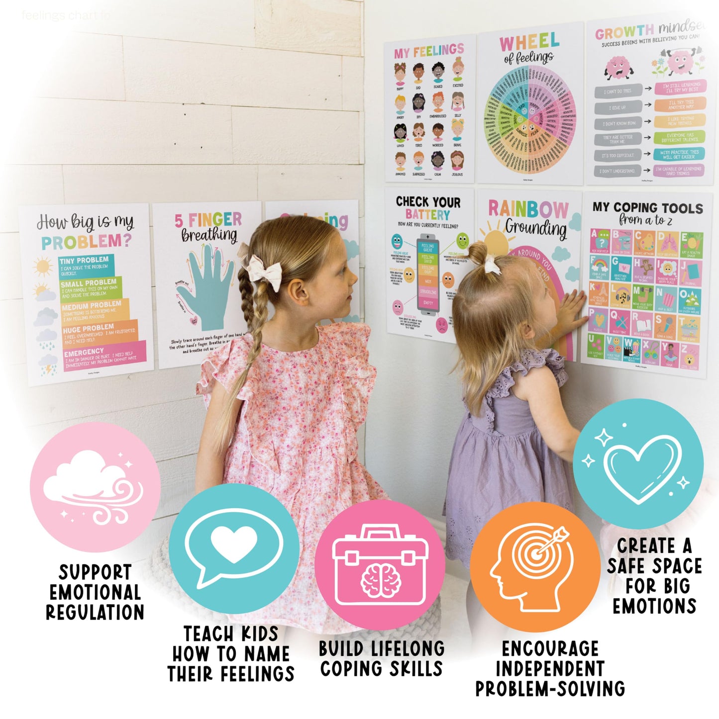 Hadley Designs 9 Calming Corner Posters for Classroom Must Haves - Calm Down Corner Supplies with Emotions Chart, School Counselor Mental Health Poster, Feelings Chart For Kids, Pastel Classroom Decor