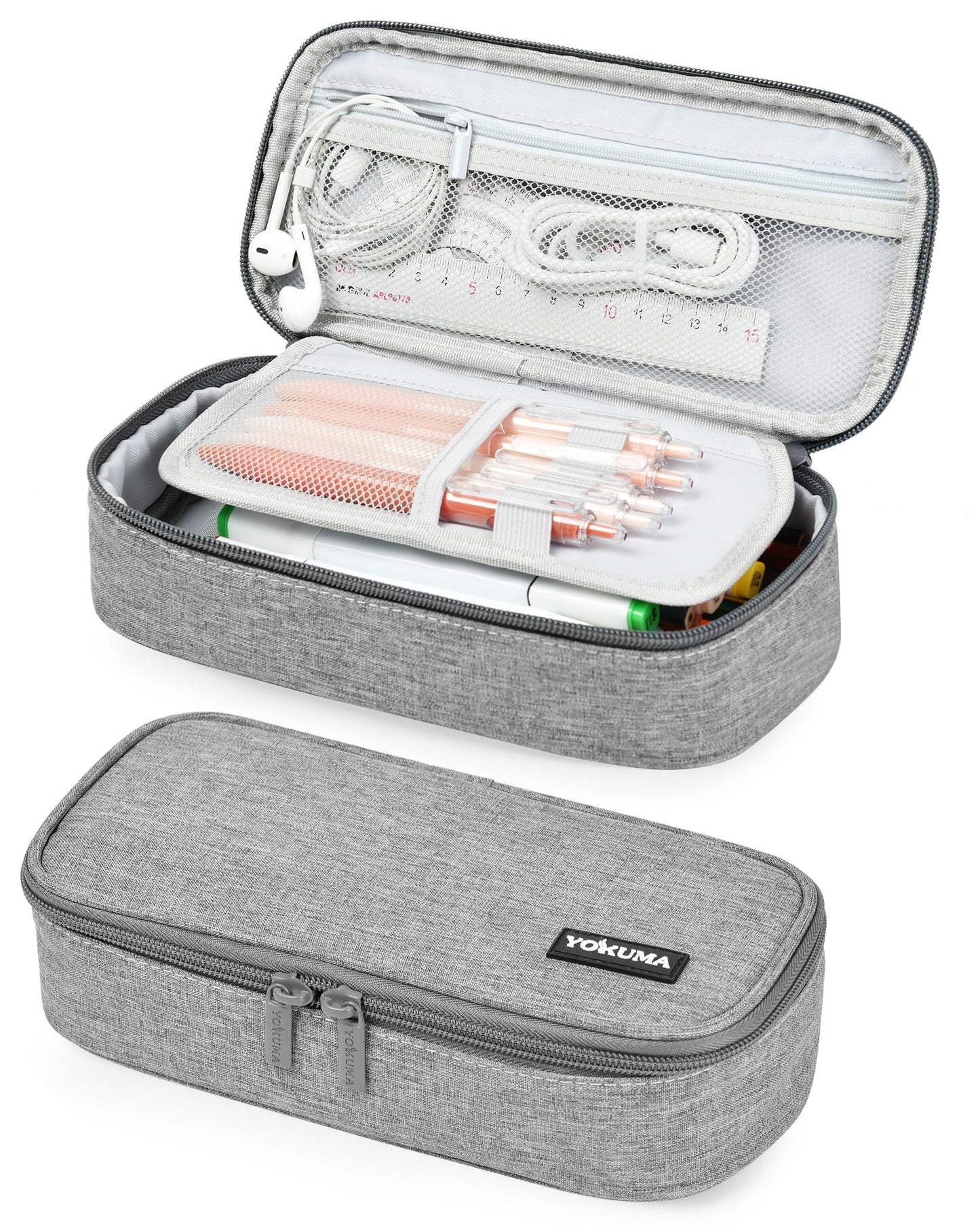 YOKUMA Pencil Case,Large Capacity Pencil Pouch,Aesthetic Zipper Pencil Box, Back to School Supplies for College Students Teen Adults,Travel Essentials,Electronic Cable Organize (Grey)