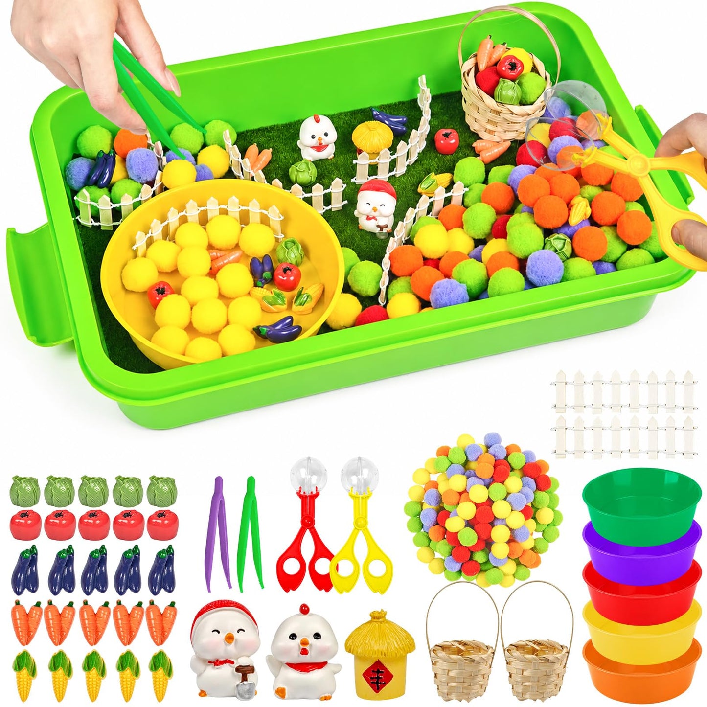 Cinrobiye 152 Pcs Vegetable Sensory Bin Fillers Set with Storage Box, Farm Vegetables, Garden Tools and Barn Accessories for Vegetable Sensory Bin, Classroom Activities, Home Projects and Scene Setup