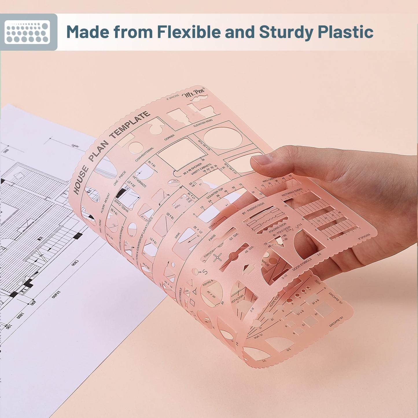Mr. Pen- House Plan, 3 pcs, Interior Design and Furniture Templates, Clear Flexible Plastic, Drafting Tools, Ruler Shapes for Architecture, 1/4 Inch Scale, Kitchen, Bath, Bedroom, Office, Living Room