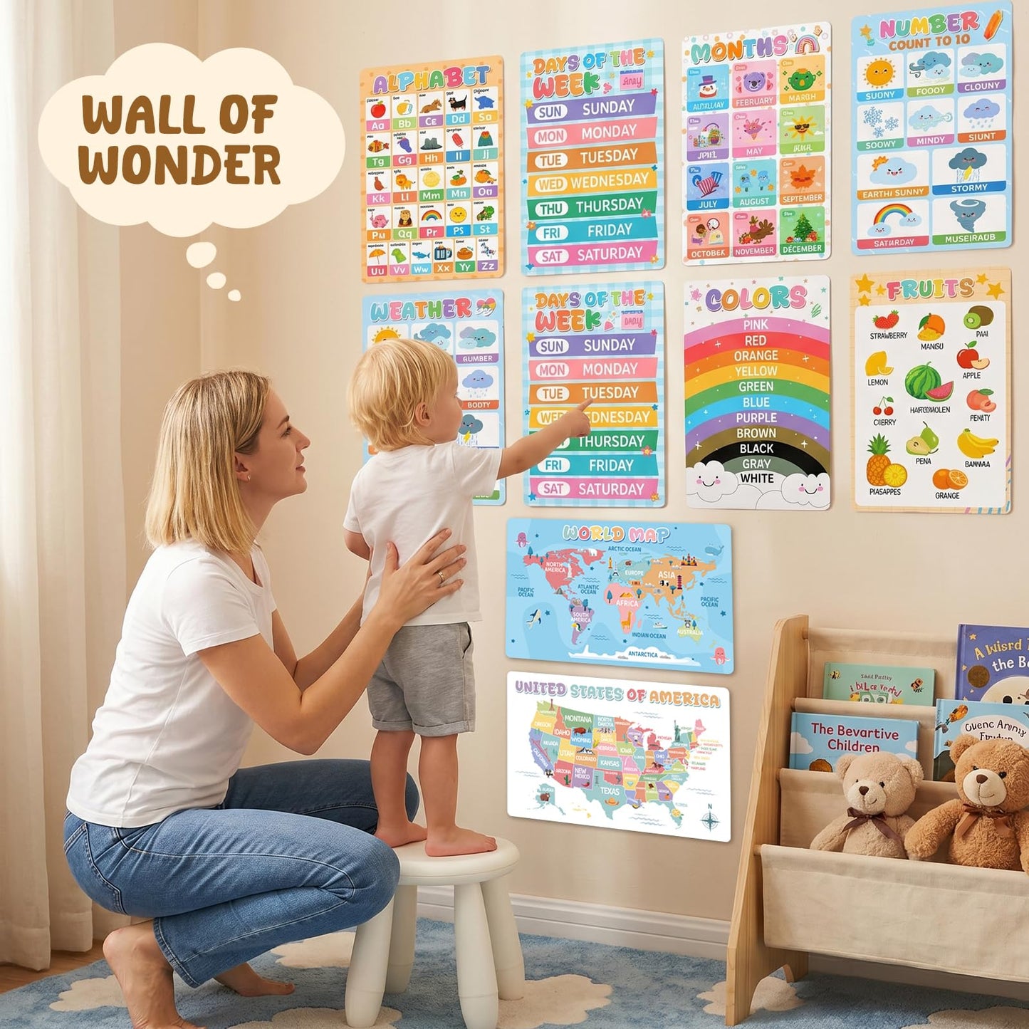 Gorsbark 18 Educational Posters for Toddlers 1-3, Laminated Learning Posters with Alphabet & Numbers Chart, Boho Classroom Kindergarten Preschool Decor, 11"x17"