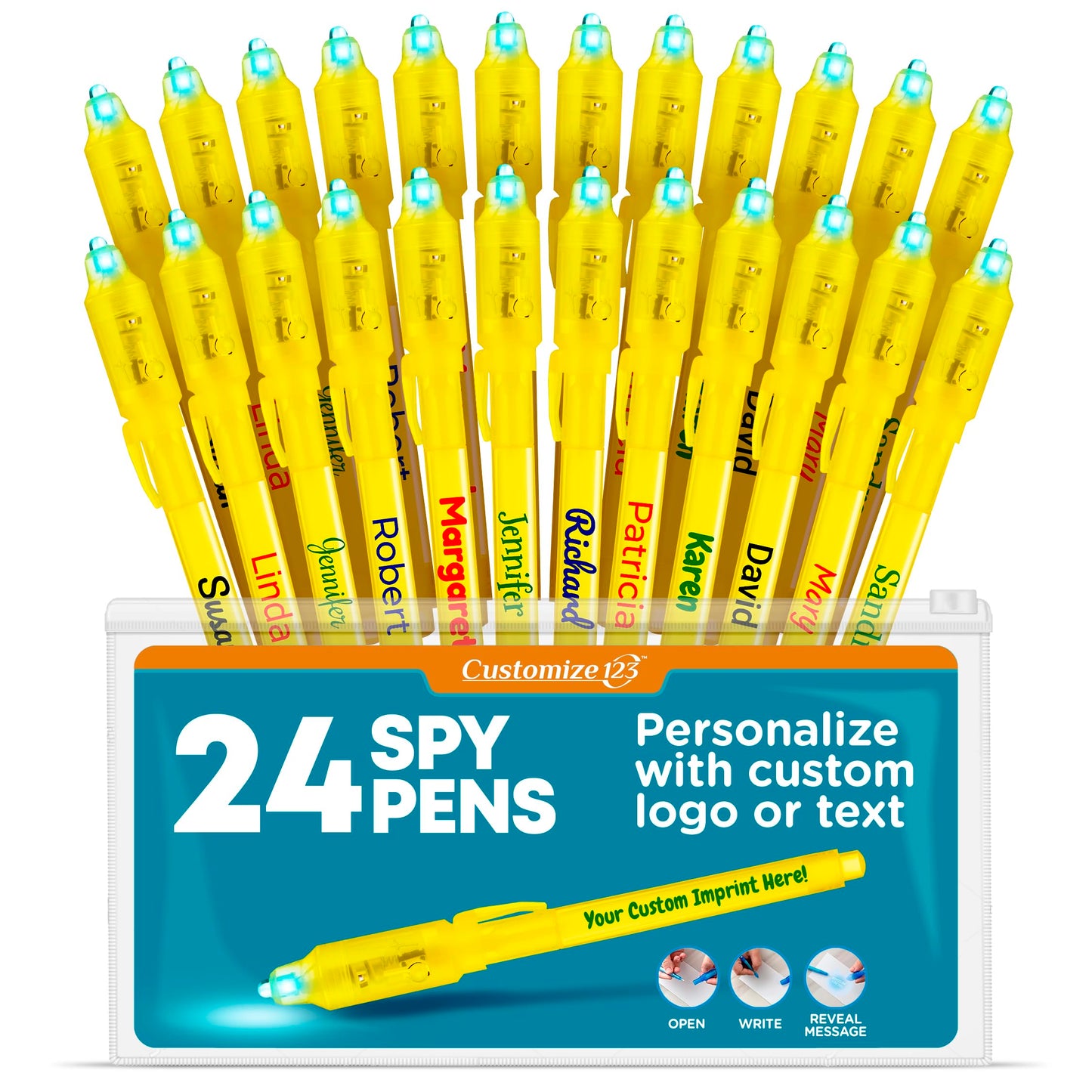 Personalized Invisible Disappearing Ink Pen Marker Pack, Custom Secret Spy Message Writer with UV Light, Fun for Kids Party Favors Gifts and Stock Stuffers, 24 Pack, Yellow