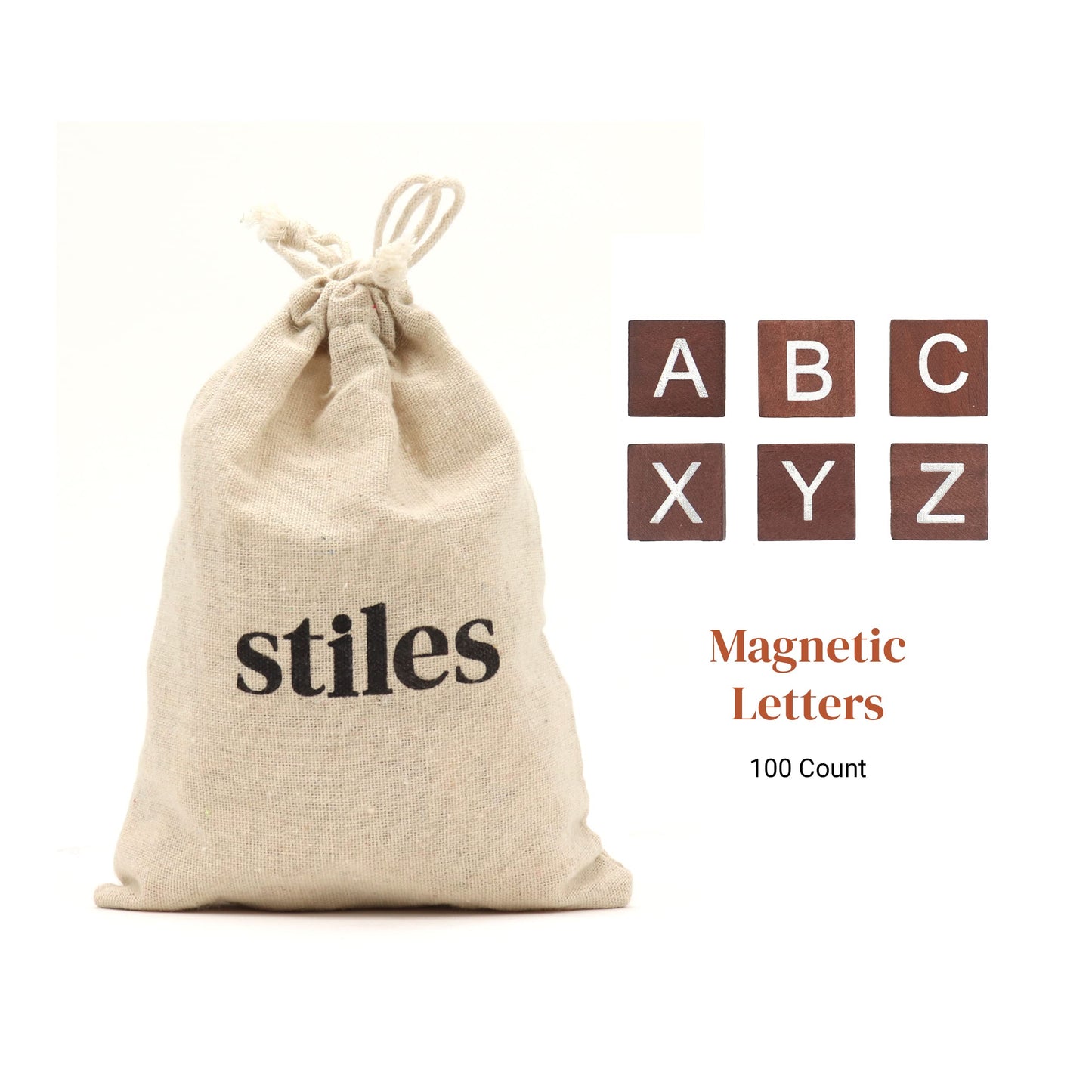 Stiles 100 Piece Magnetic Wooden Letter Tiles - Alphabet Magnets for Whiteboards, Refrigerators & Magnetic Letter Boards - Changeable Letters for Craft & Announcements, Walnut