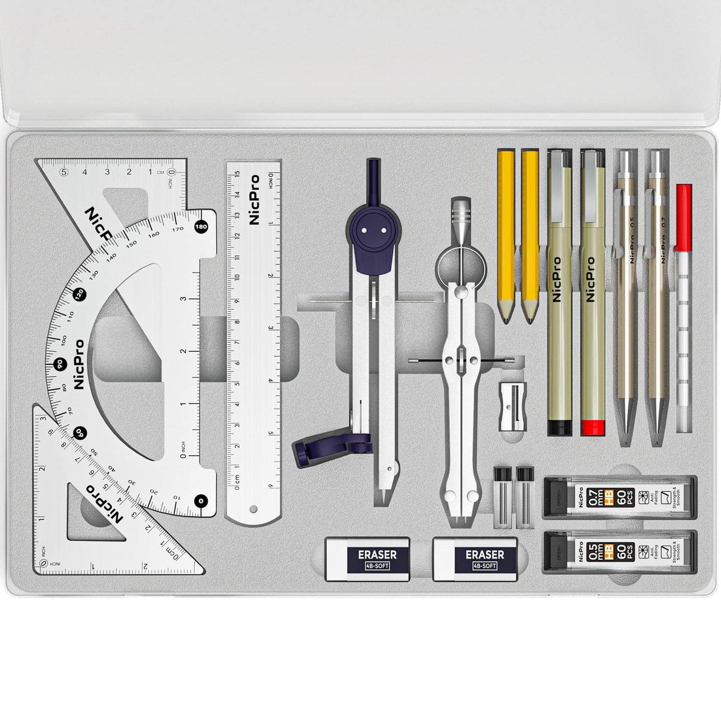 Nicpro 20PCS Professional Geometry Set with Case, Drafting Tools with Protractor and Compass, Metal Rulers, Triangles, Pens, Pencils, Drawing Supplies, Drafting Kit for Architect Engineer Students