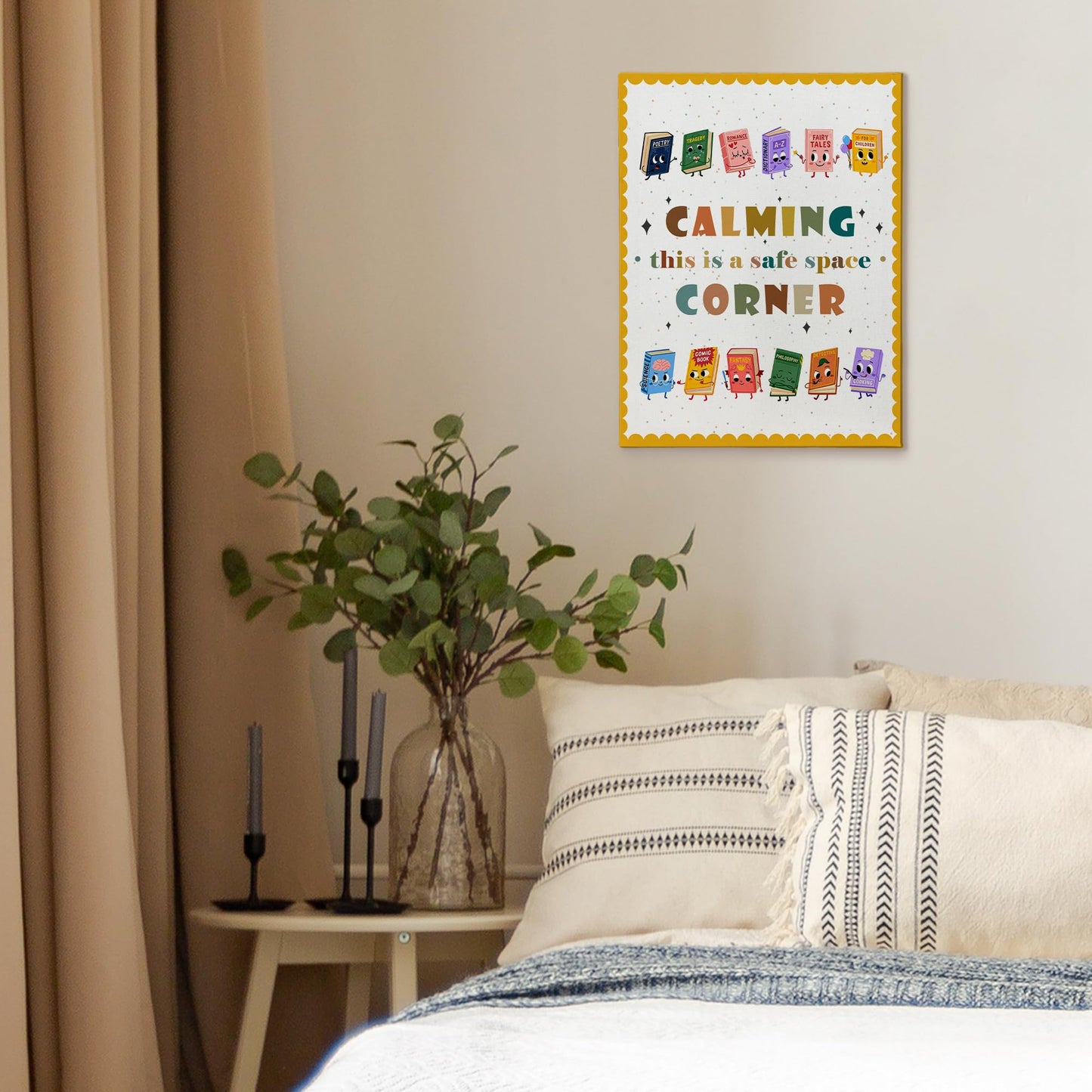 XINCEYWJ Boho Calming Corner Reading Classroom Wall Decor, Reading Nook Corner Decor, Nursery Toddler Office Canvas Art Prints Framed, Inspirational Wall Art for school Counseling Office, 11x14 In