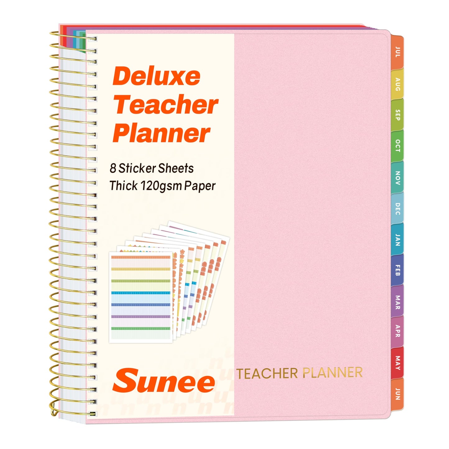 SUNEE Deluxe Teacher Planner 2026-2027, Lesson Planner Book with 7 Periods Jul 2026 - Jun 2027, 8.5" x 11" Daily Weekly and Monthly Organizers with Colorful Tabs, Planning Stickers,120gms Paper, Pink