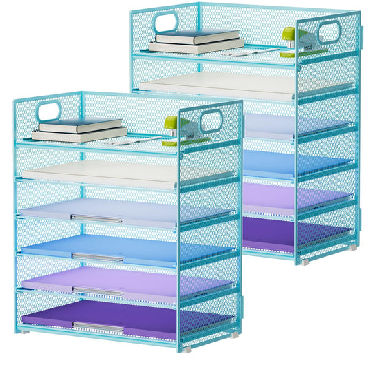 Marbrasse 2 Pack Desk Organizer with Handle, 6 Tier Paper Letter Tray, Mesh Desk File Organizer for Office, School and Home - Blue