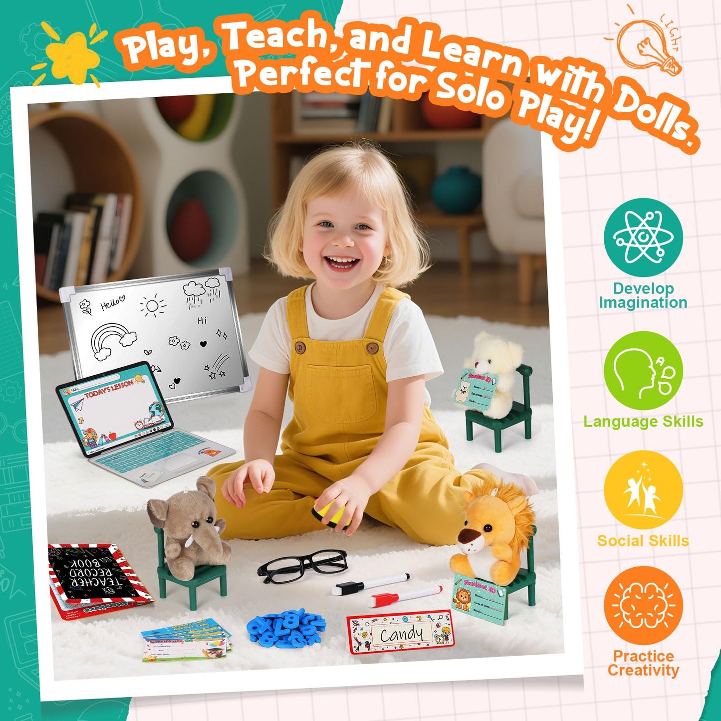 Alritz Pretend Play Teacher Set, School Stuff, Role Play Preschool Learning Activities Classroom Set for Girl Boys Include Dolls, Toy Laptop, Black Board, Birthday Gift 5 6 7 8 9+ Years Old