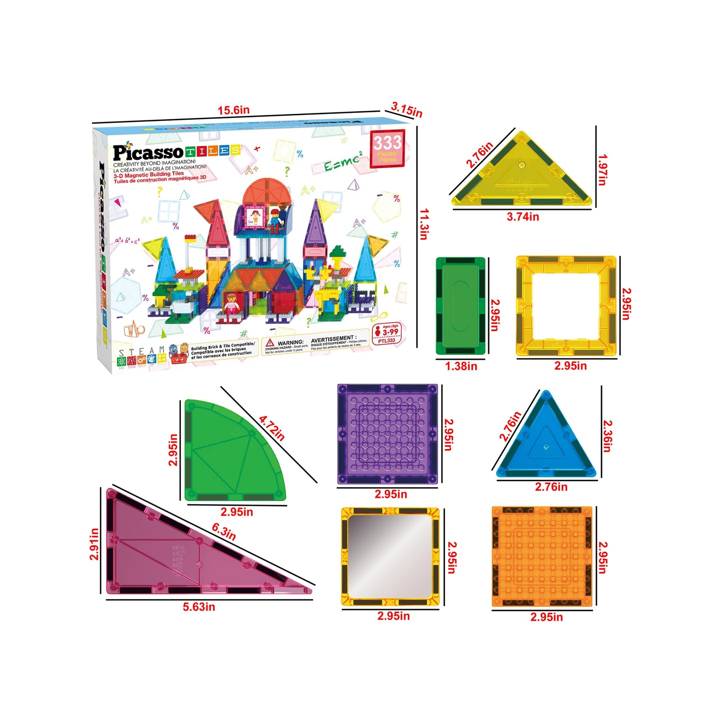 PicassoTiles 333pcs Magnetic Brick Tile and Magnetic Tile Combo Set, Action Figures included, Building Blocks STEM Toys, Educational Montessori Preschool Toddler classroom learning toys, Kids activity