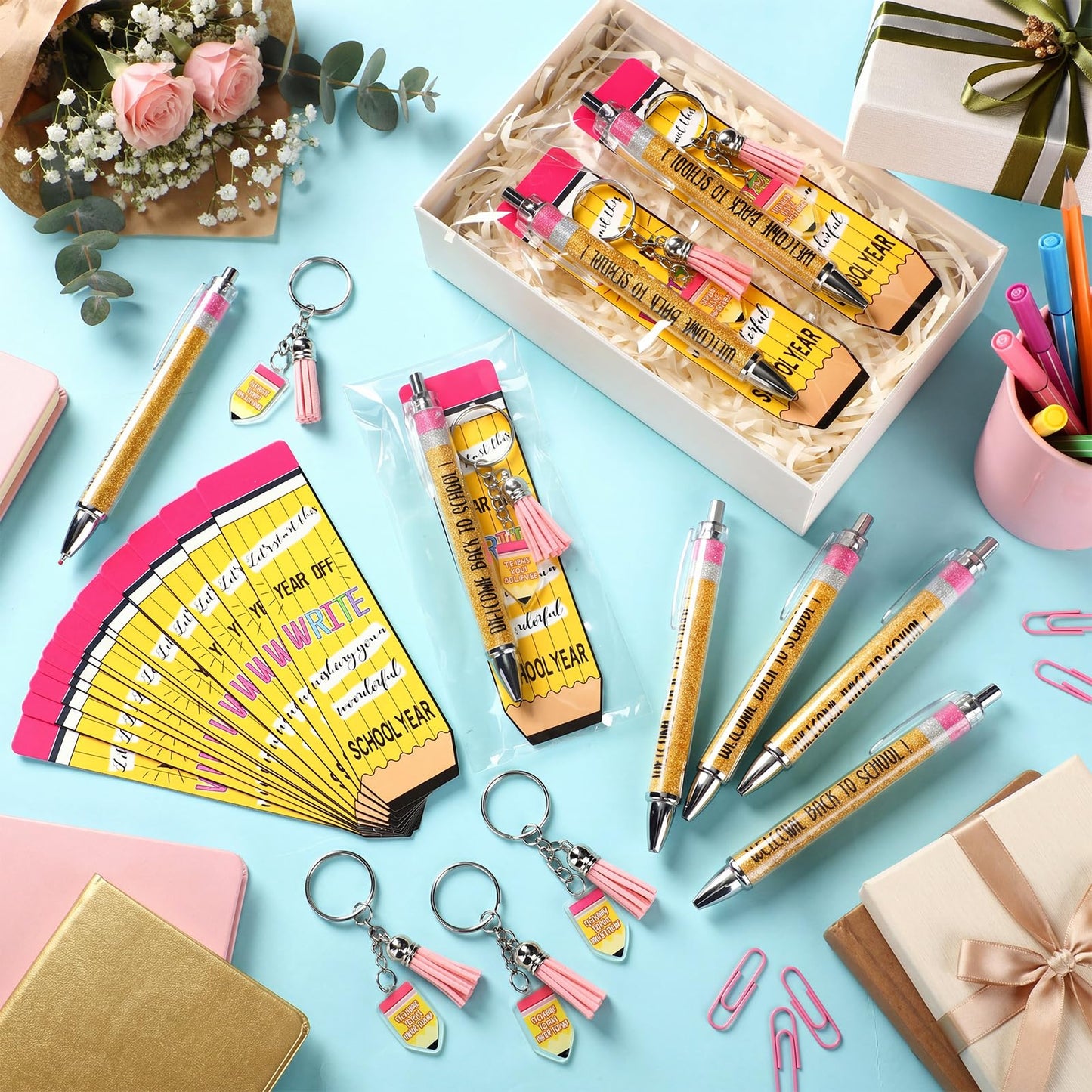 Tenceur 30 Set Bulk Back to School Gifts for Students Pencil Themed Ballpoint Pens Keychains and Cards Set First Day of School Gifts Supplies for Teacher Classroom Rewards Party Favors