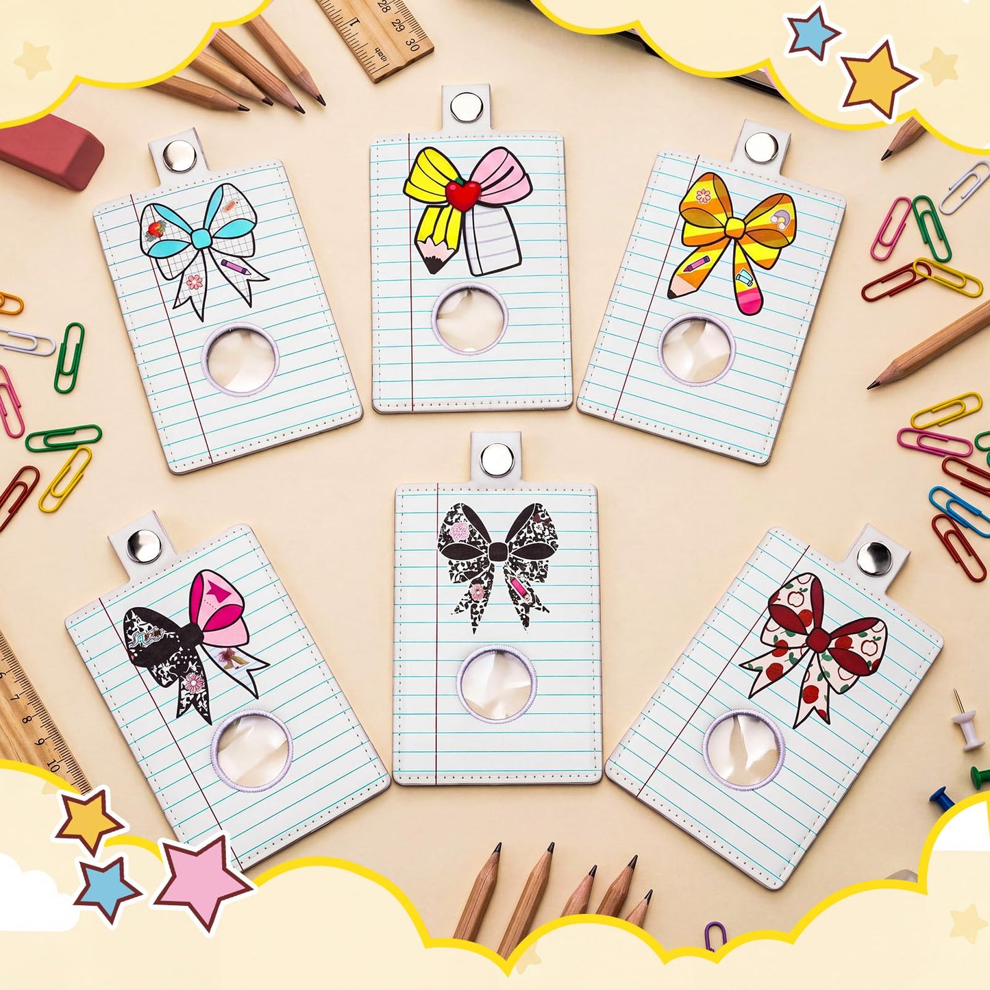Gueevin 6 Pcs Teacher Alarm Badge Holder 4.2x2.8 Inch Bow Alarm ID Badge Holder for Teachers Educator Staff School Teacher Appreciation Gift