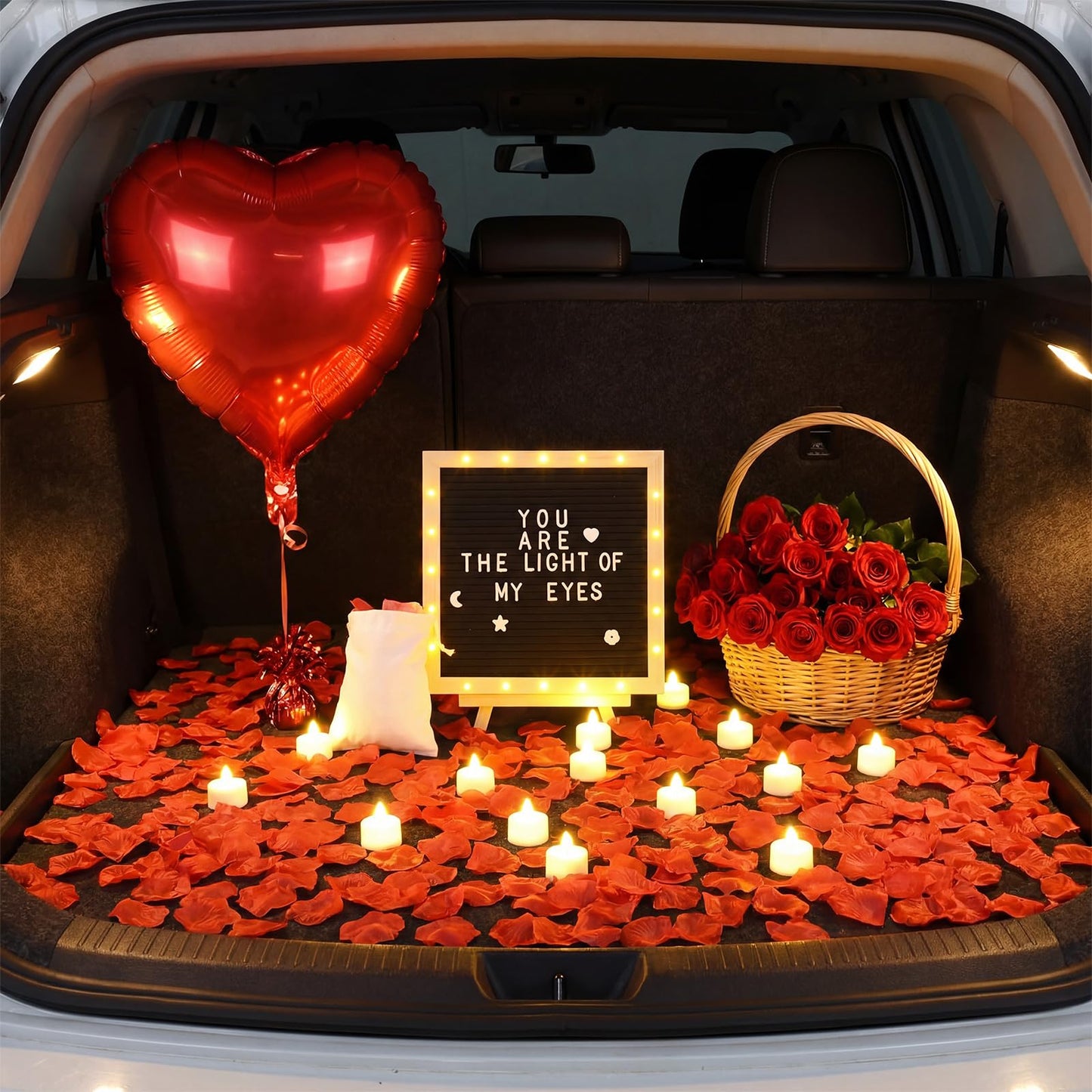 Grinsvalley LED Felt Letter Board with Rose Petals and Candles Set, Word Board with Letters, Artificial Rose Petals Flameless Tea Light Candles for Special Night Wedding Romantic Decorations