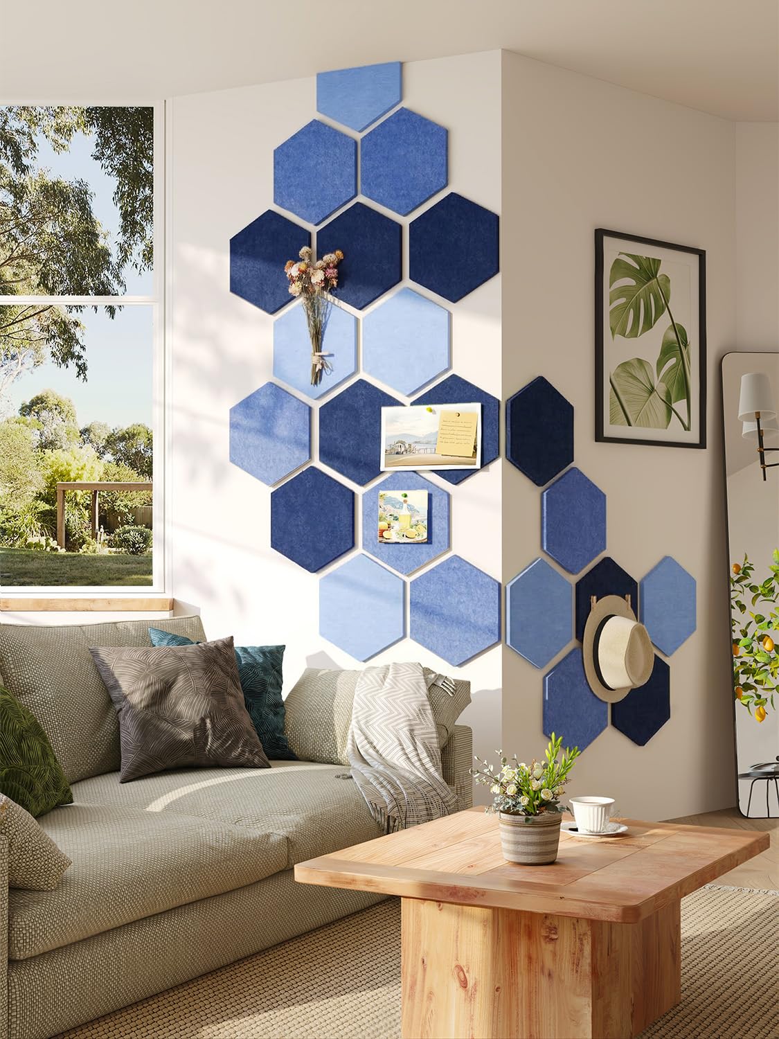 Uoisaiko 8 Pack Hexagon Felt Bulletin Board Tiles - 12" Large Thick Pin Board for Walls with 30 Push Pins, DIY Boards for Office Home School Decor, Aesthetic Hex Cork Board Alternative