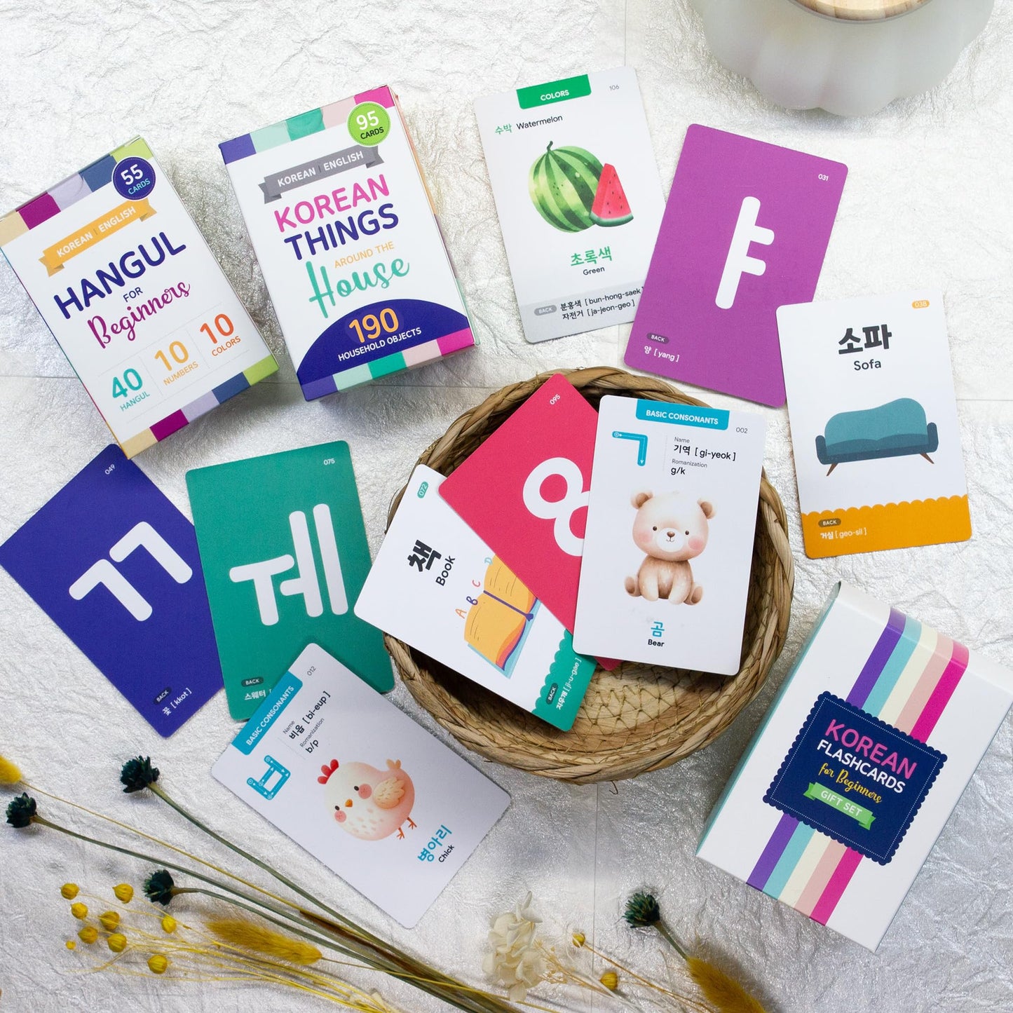 Stellarsol Korean Flashcards 2-Pack Beginner Gift Set - 40 Hangul, Numbers, Colors & Things Around The House Voc for Beginners with MP3 Audio