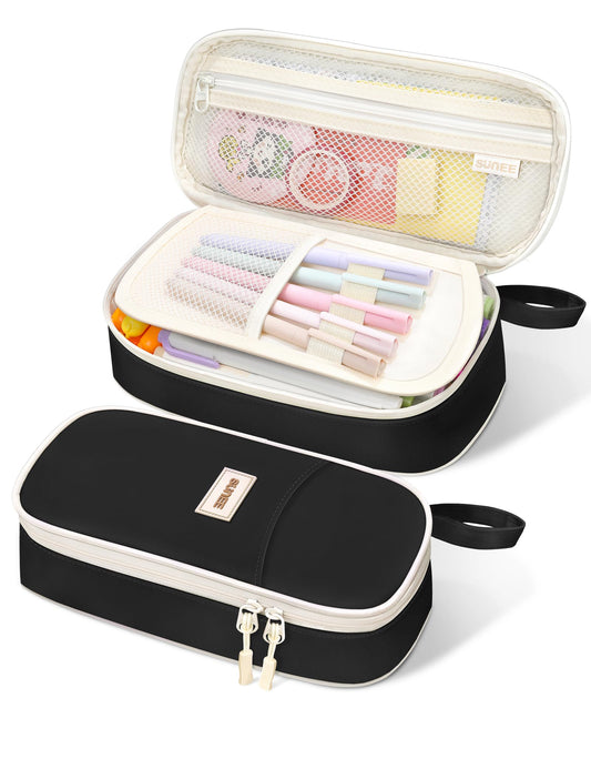SUNEE Cute Pencil Case, Aesthetic Pen Pouch, Colored Large Pencil Bag with Zipper, Kawaii Stationery Storage and Organizer, School Supplies for Teen and Adult Girls, Black