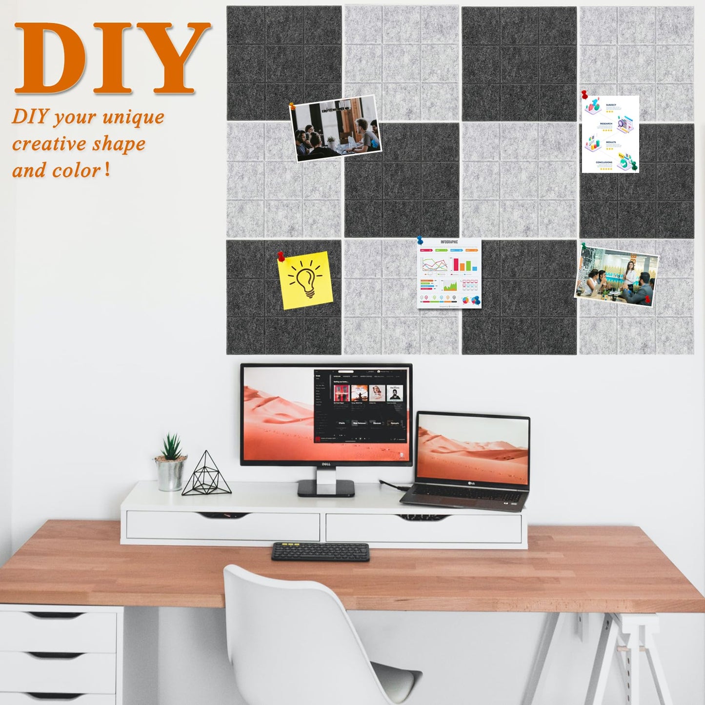HULAVO Large Square Felt Cork Board Tiles, Self Adhesive DIY Felt Bulletin Board with 35 Pushpins for Office School Home Wall Decor Stickers Memos (Deep & Light Grey)
