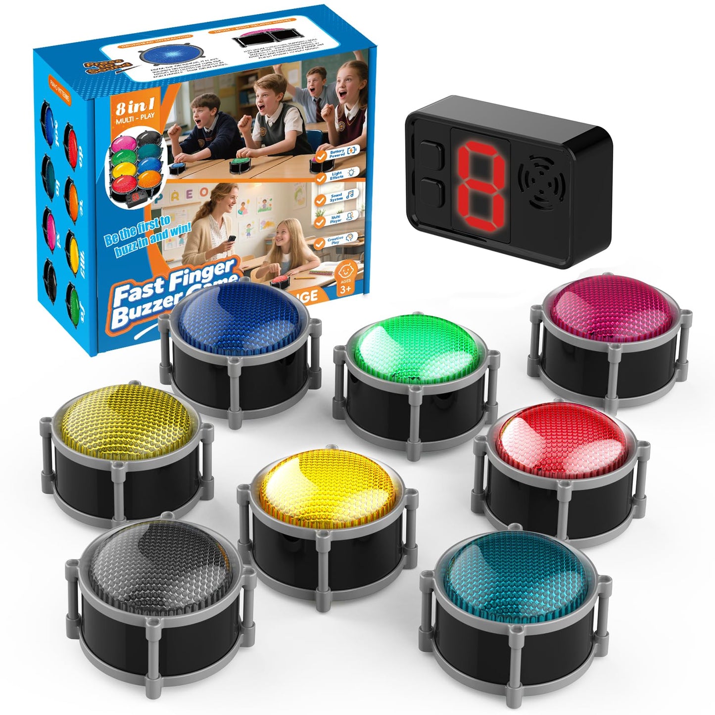 Buzzers for Trivia Games, Rechargeable Answer Buzzers for Classroom with Light, Show Who Buzzed First, 3-Second Auto Reset Buzzer System for Game Show, School, Jeopardy, Family Feud Night (8 Colors)