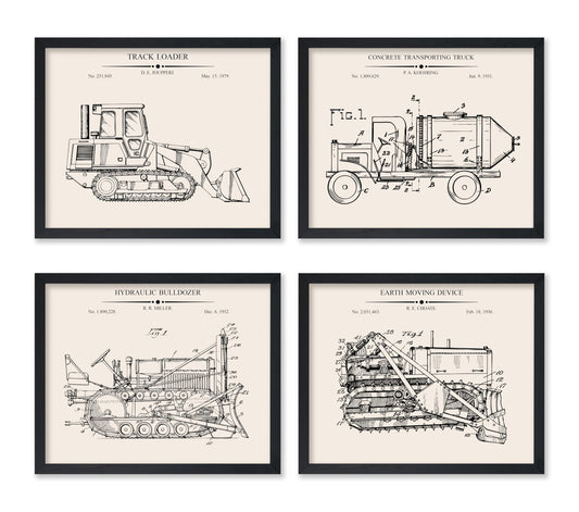Monem Art 4-Piece Vintage Construction Blueprint Poster - Bulldozer Patent Print - Concrete Transporting Truck Art - Earth Moving Device Art - Office or Garage Wall Decor - 8x10 UNFRAMED Wall Art