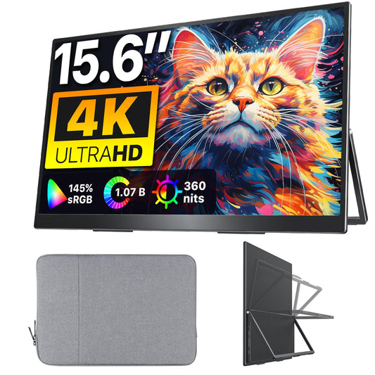 Upperizon Portable Monitor 15.6 inch 4K UHD 3840X2160 145% sRGB IPS HDR HDMI USB-C Travel Monitor for Laptop MacBook PC Surface PS5 Xbox, External Display with Kickstand & Speakers, VESA Compatible