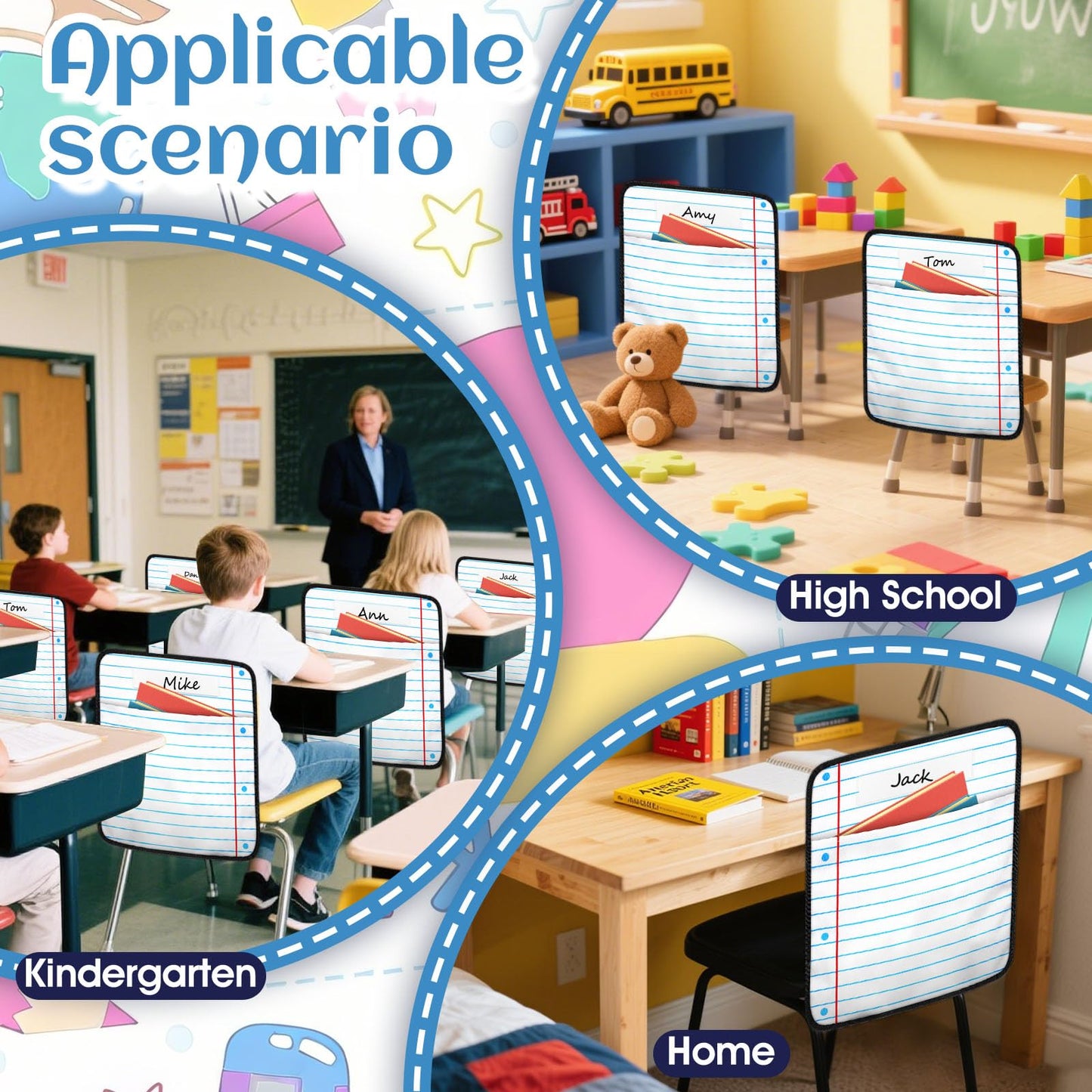 24Pcs Classroom Seat Back Organizer, 17 * 19 Inch Chair Pockets with Name Tag, Back to School Classroom Chair Hanging Bag Seat Sacks Suitable for Families Kindergartens and Primary School Classrooms