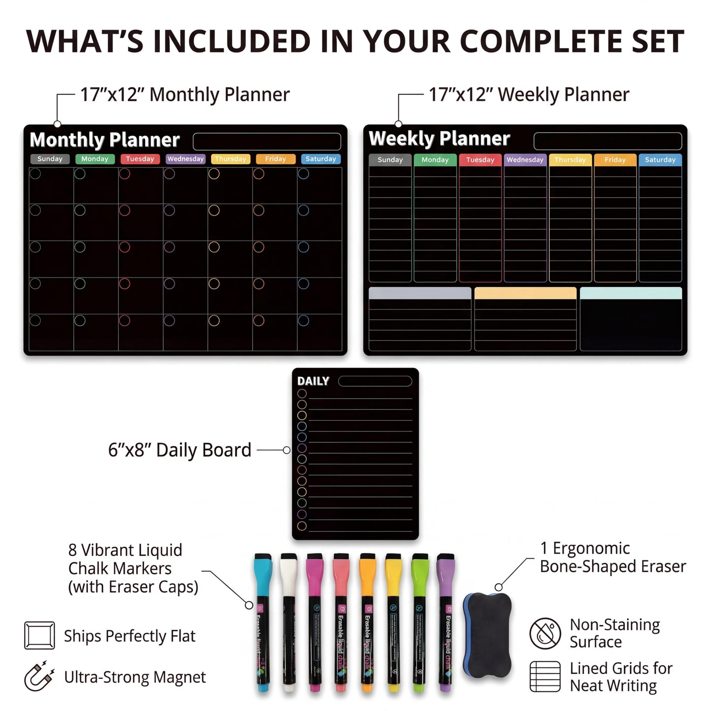 AUVIREC Magnetic Black Calendar for Refrigerator (3-Pack, Ships Flat) - 17"x12" Monthly, Weekly & Daily Planner with Lined Grids - Nano-Tech Dry Erase Fridge Board, 8 Neon Liquid Chalk Markers