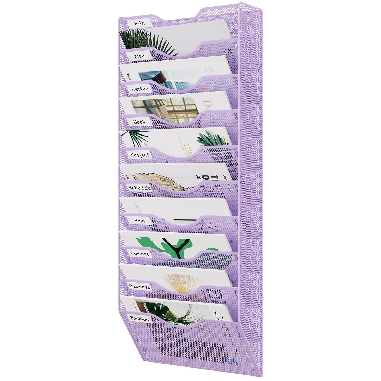 EasyPAG 10 Pocket Mesh Wall File Organizer, Hanging Paper Folder Holder with Classify Label, Vertical Wall Mount Mail Organizer for Office Home Classroom, Purple