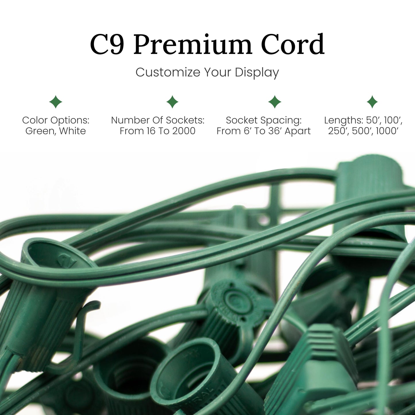 Christmas Designers Pro C9 Light Cord - 100 ft, 133 Bulb Sockets, 9in Spacing, Green Wire, Outdoor Holiday Decor