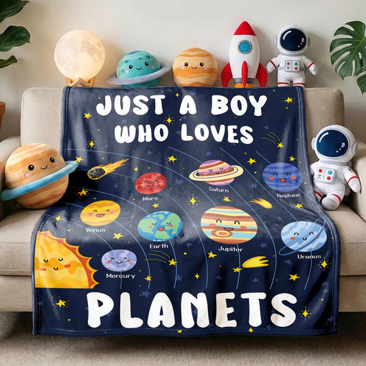 ARTBLANKET Just A Boy Who Loves Planets Solar System Space Throw Blanket Fannel Fleece Super Soft Funny Blanket Travel Throw Blanket for Bed Couch Sofa 40 x 30 Inch for Baby