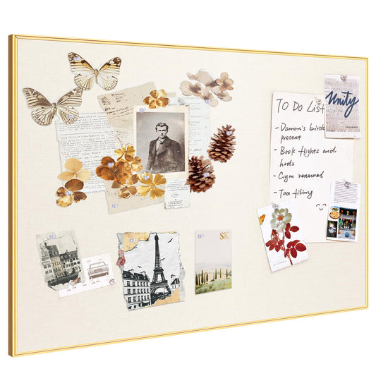 Lightomorrow Bulletin Board 40 x 30 inches, Oatmeal White Pin Board, Golden Aluminum Framed Fabric Cork Board with 10 Push Pins