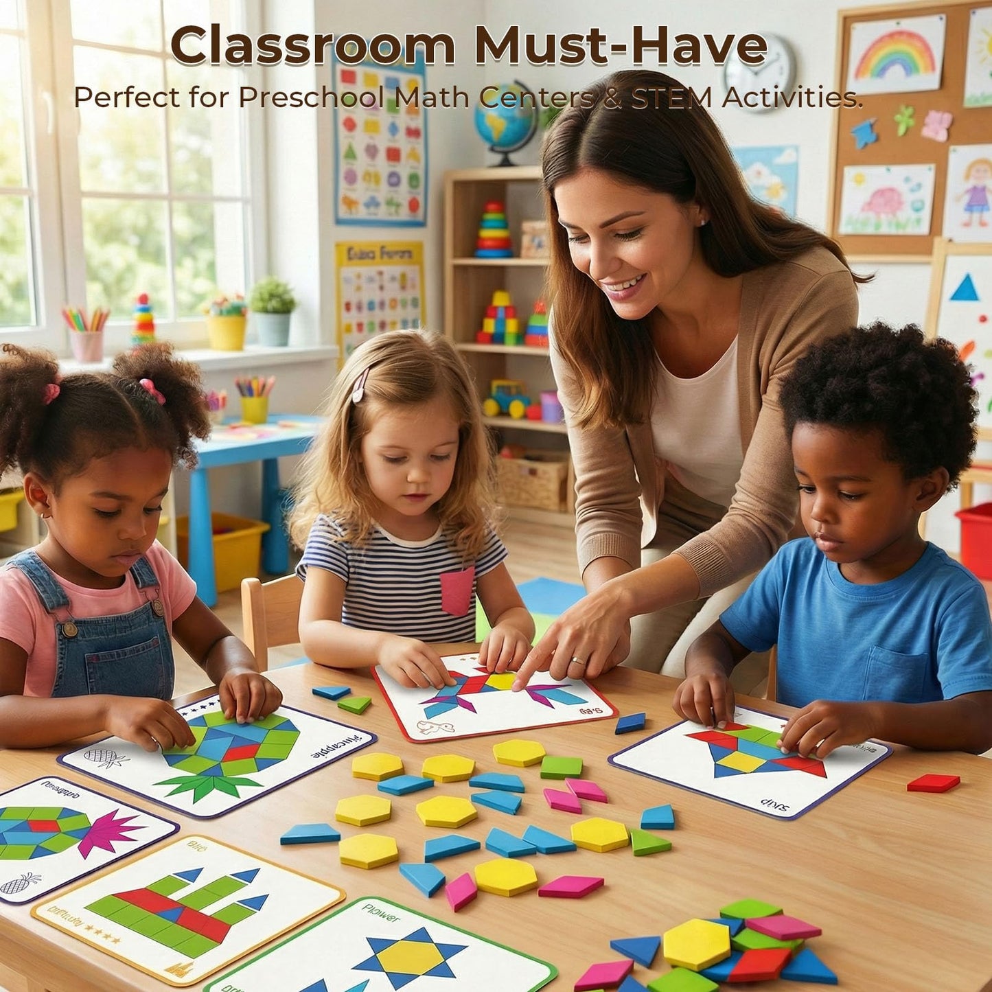 3 otters Wooden Pattern Blocks Shapes for Kids, Geometric Tangram Puzzle with Activity Cards, 150 PCS Educational Toy