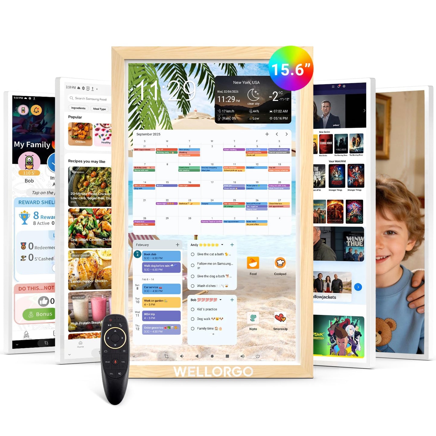 WELLORGO Digital Calendar 2026, 15.6-inch Electronic Calendar for Wall, Touch Screen Smart Digital Planner with Kids' Chores Chart/Meal Plan/Streaming Services/Photo Display, Remote Control Supported