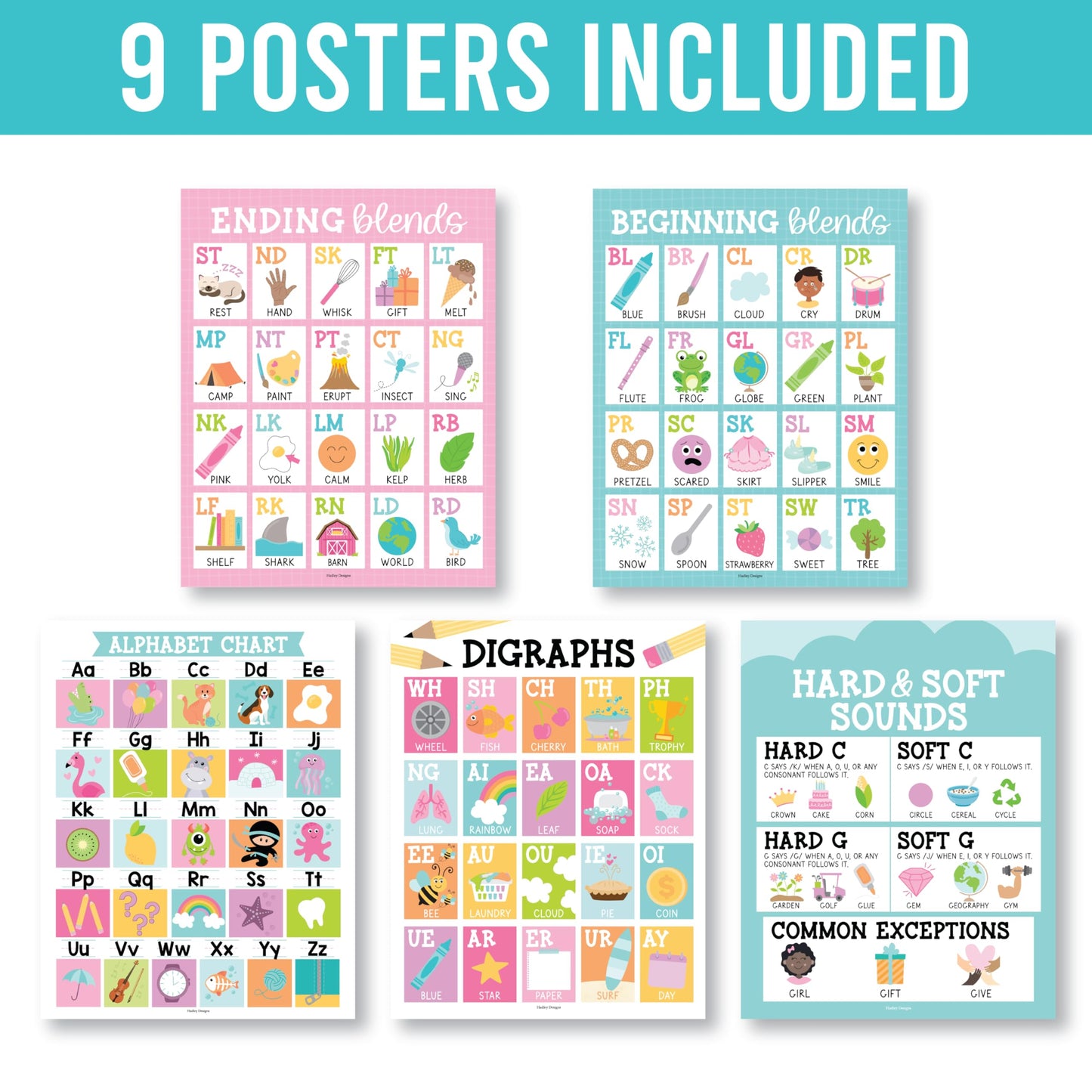 Hadley Designs Phonics Posters for Classroom Must Haves - 9 Sound Wall for Kindergarten & Elementary Teacher Supplies, Syllable, Vowels, Digraphs & Blends Bulletin Board Set, Pastel Classrom Decor