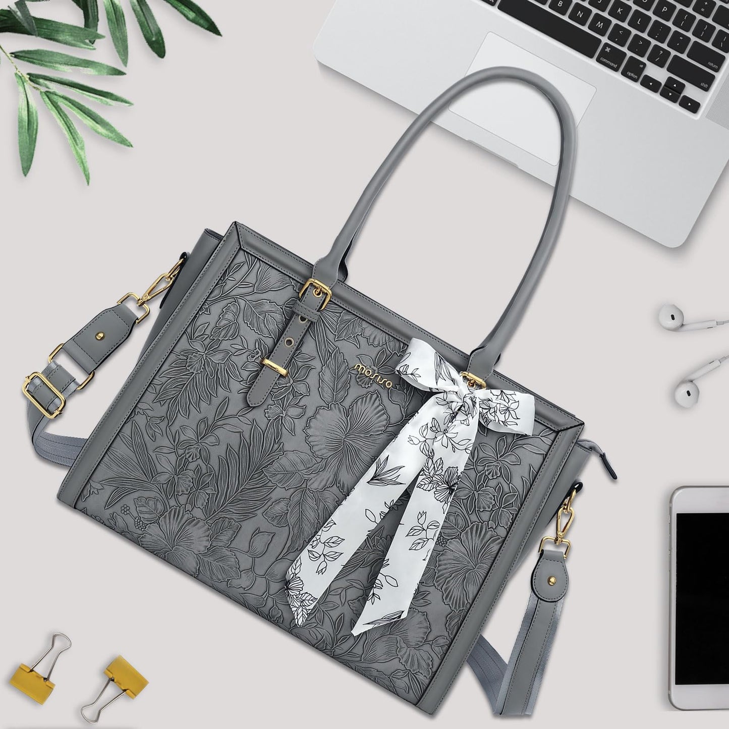 MOSISO Laptop Bag for Women, 17-17.3 inch PU Leather Tote Bag Compatible with MacBook, HP, Dell, Asus Notebook, Front Embossed Retro Hibiscus Computer Bags with Silk Scarf&Clutch Purse, Gray