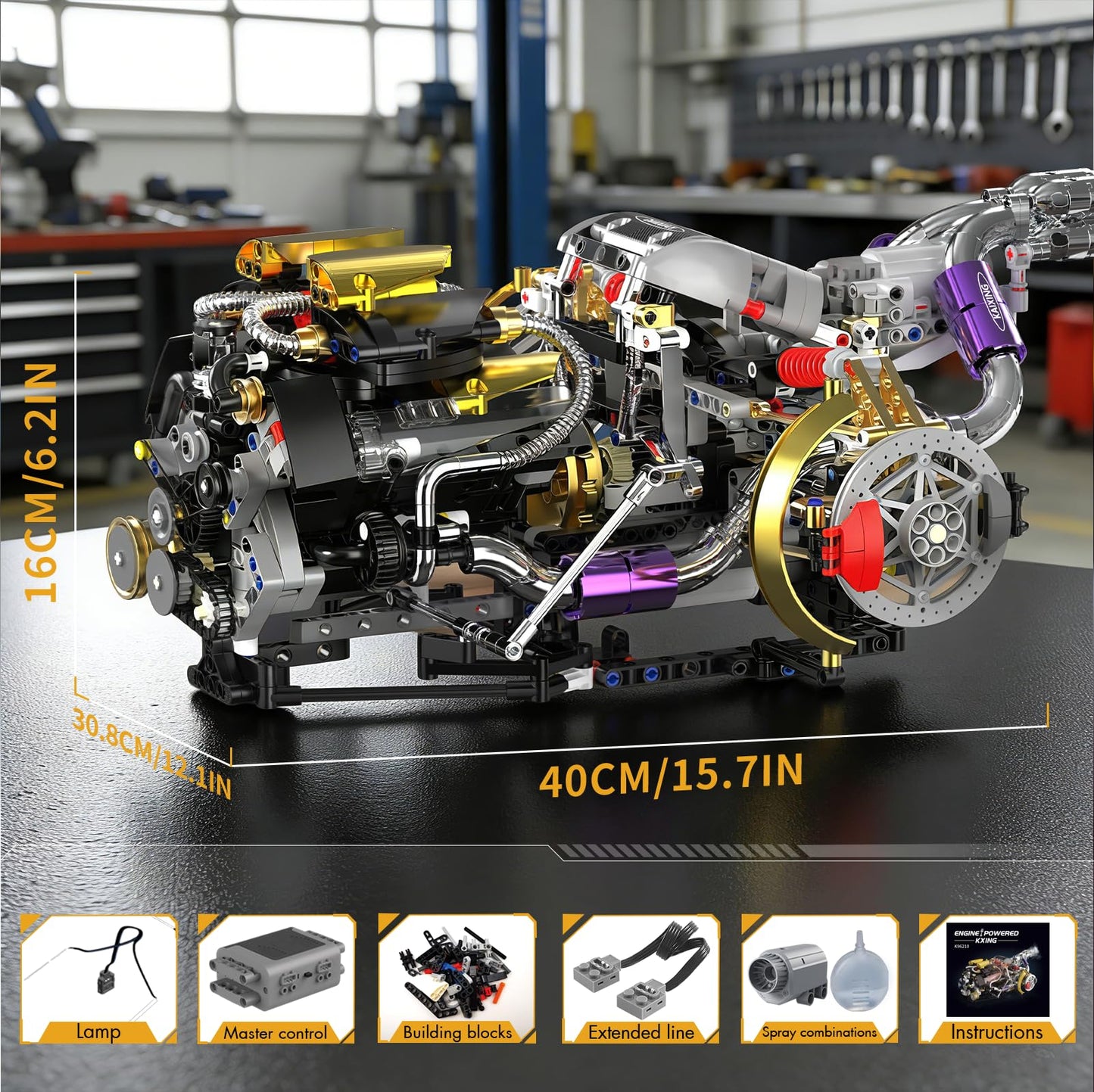 NEXTJOY V8 Engine Model Kit that Works, 1394 PCS Advanced Collectible Engine Building Block Sets with Lights & Spray, Exhibited Gift to Adults/Boys 8-14/Home Office Decor