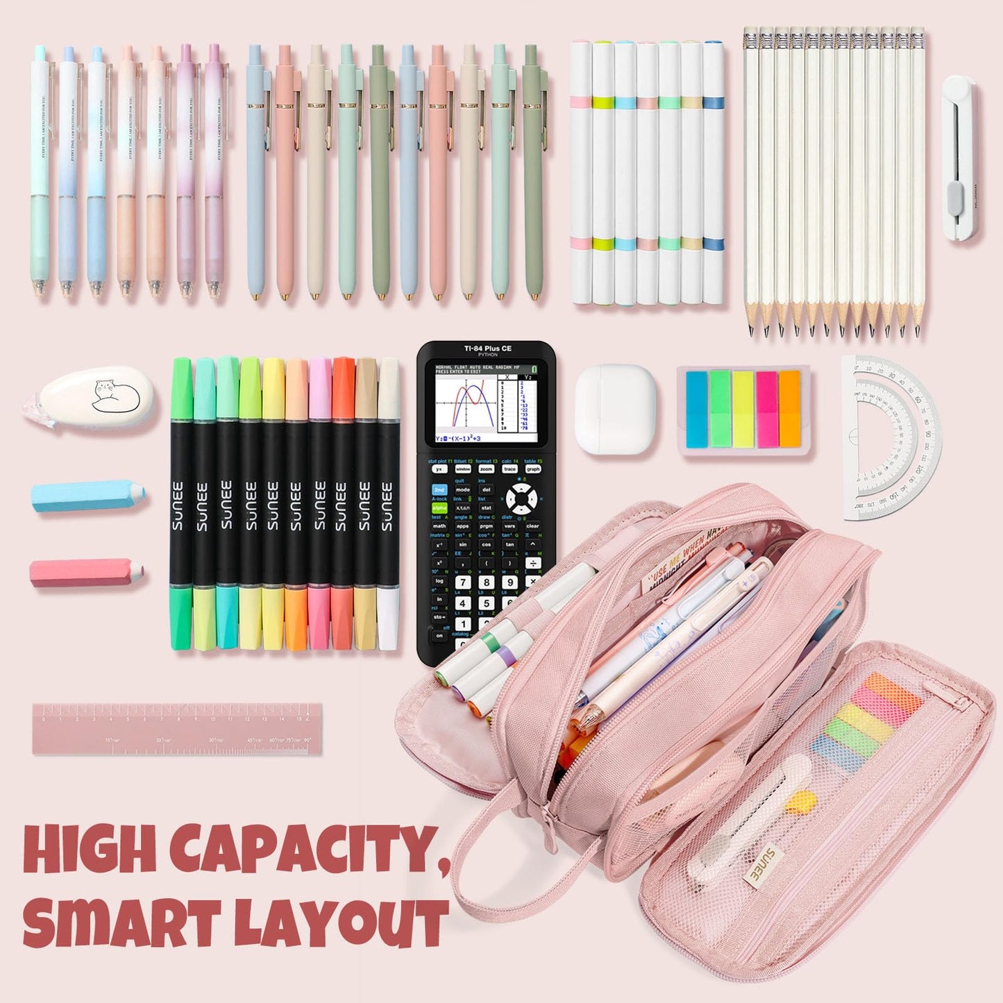 SUNEE Large Capacity Pencil Case with 3 Compartment, Extra Big Pencil Pouch, Pencil Bag with Zipper, Cute High Stationery Organizer, Oxford Pen Box School Supplies for Student Teen Girls Boys, Pink