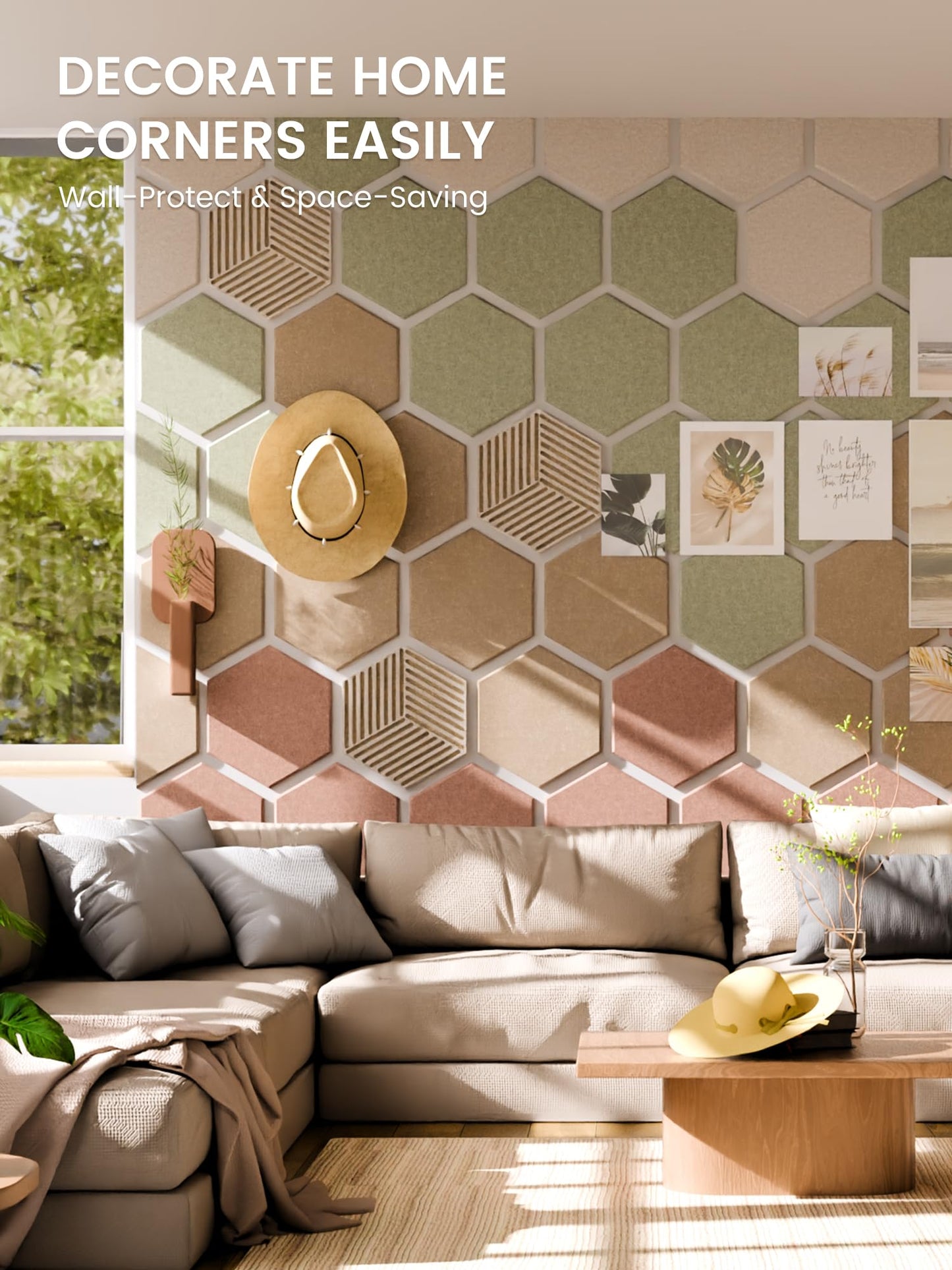 Fluxynara Hexagon Cork Board Alternative for Walls Decor-10-Pack Felt Bulletin Board Tiles,with 30 Pushpins,50 Adhesive Tabs for Office,Classrooms & Home Pin Board Felt Board-Boho