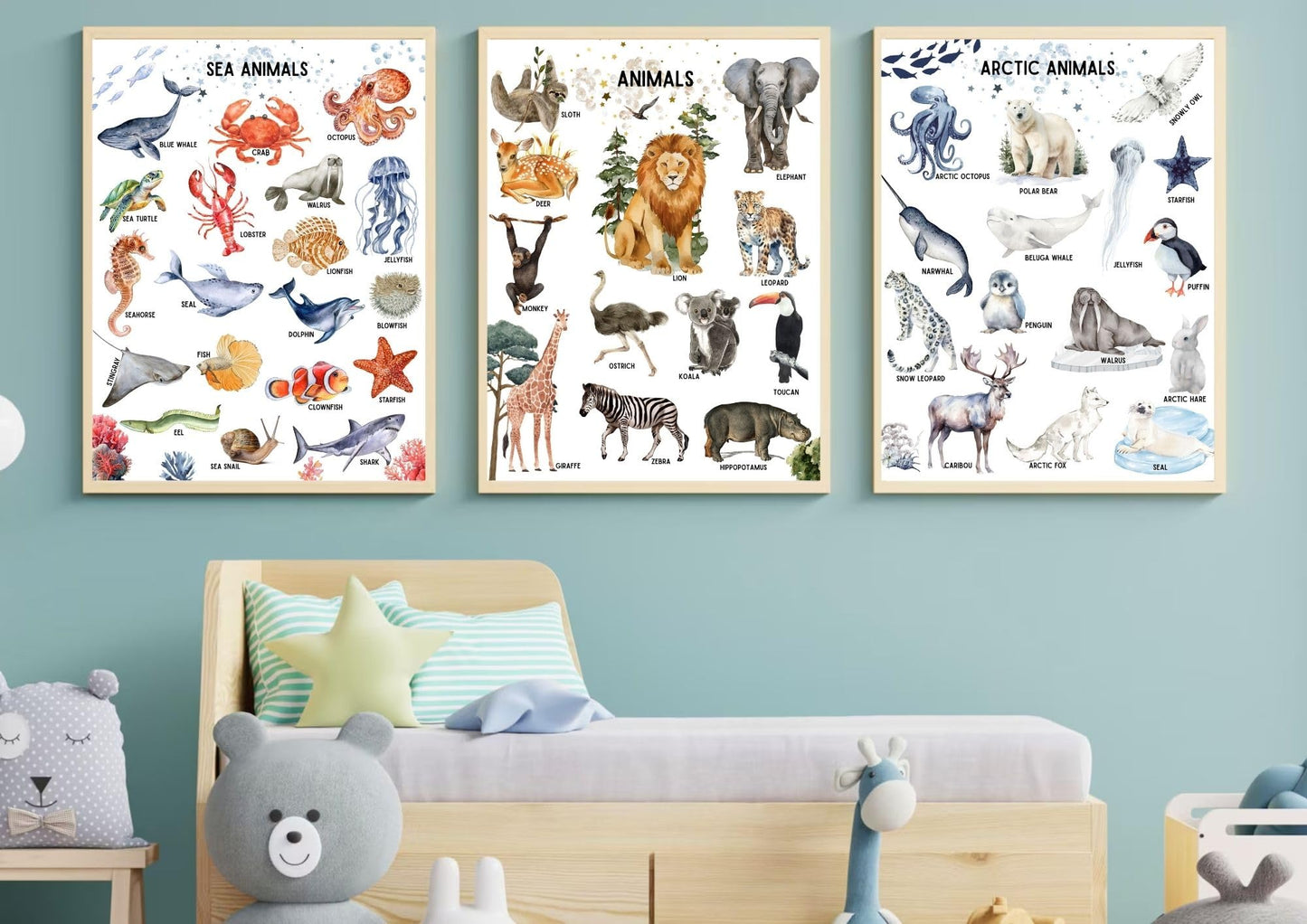 Educational Animal Poster, Preschool Wall Decor for Toddlers Set of 7 Unframed (8''x10'') Kindergarten School, Nursery,Farm, Sea, Desert, Woodland, Arctic Animals & Insects for Kids Room Decor