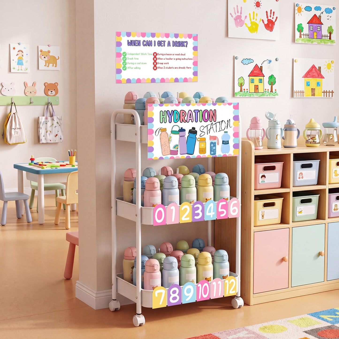 Sieral Hydration Station Classroom Storage Trolley 3-tier Plastic Rolling Water Bottles Storage Car with Handle Hydration Station Sign Stickers Set for Classroom Office Water Bottle Organizer Supplies