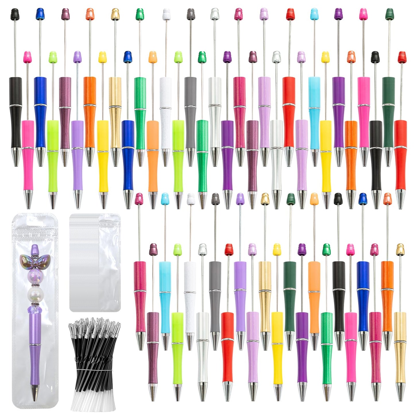 DASTTUIS 150 Pieces DIY Beadable Pen Kit – 50 Plastic Ballpoint Pens with Refills & Bags, Beads Not Included – School Supplies, Office Accessories & Craft Gifts for Students & Teachers (Multicolor)