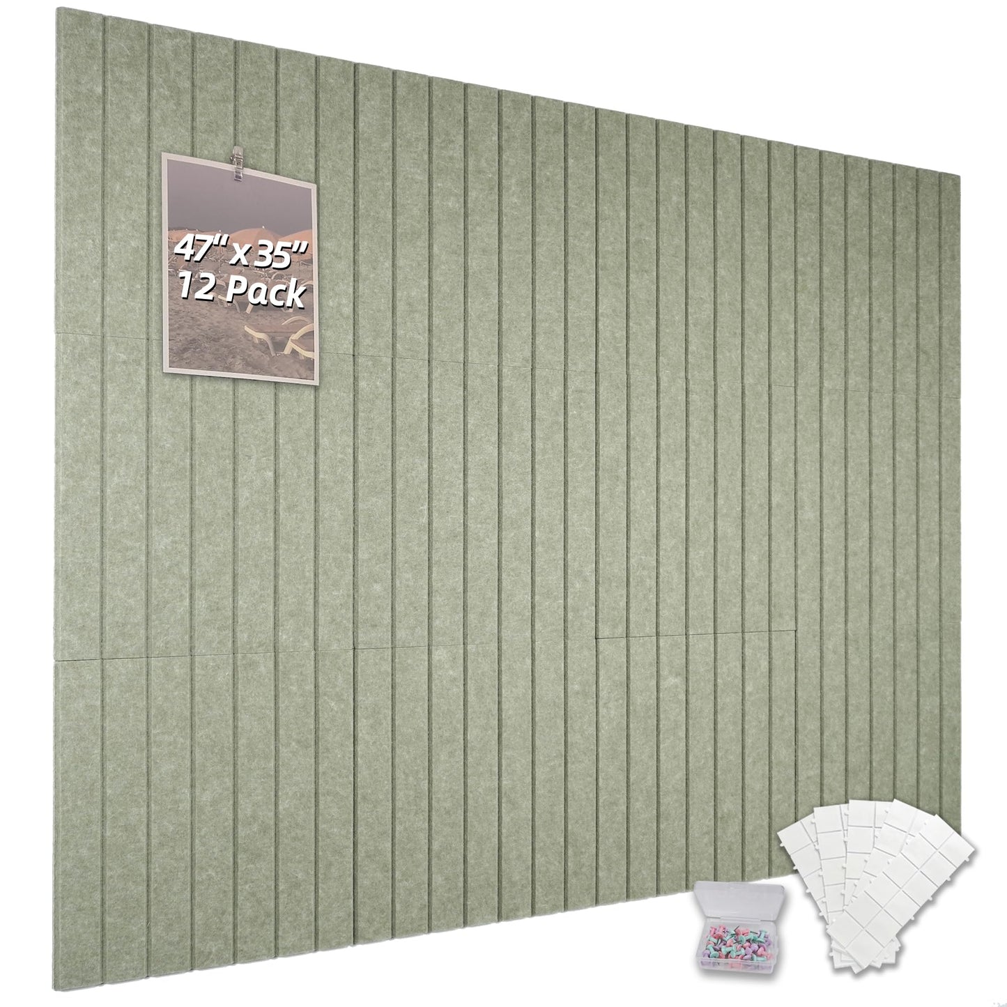 TENACR Cork Board Alternative-Felt Slat Wall Paneling,Office Bulletin Board for Decoration, Suitable for Displaying Photos and Documents, with Removable Adhesive Labels,12-Pack (Cinerous)