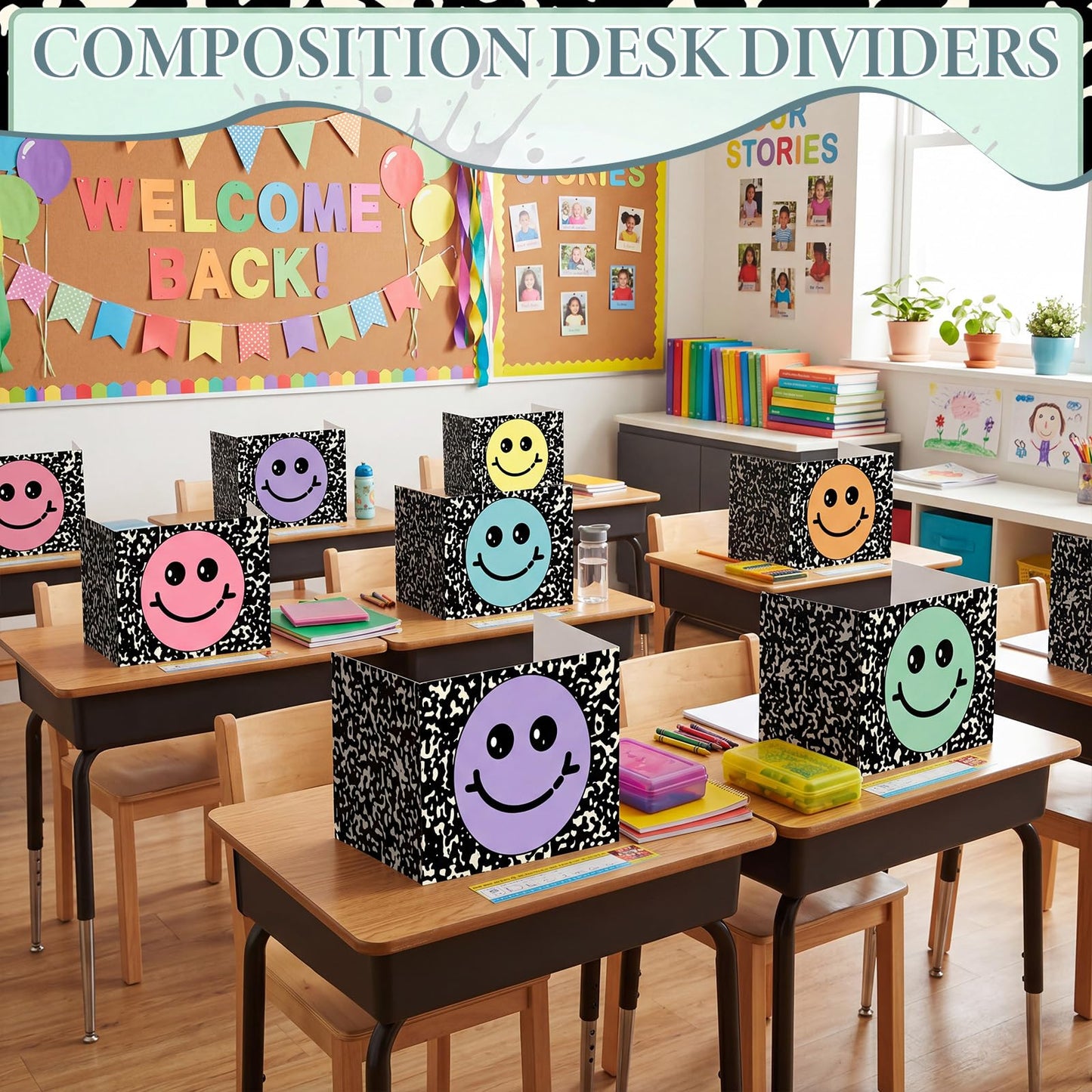 Poola Voidra 24 Pcs Composition Desk Dividers for Students Cardboard Privacy Folders Testing Privacy Classroom Boards for Desk Back to School Teacher Office Study Supplies (Pastel Smile Face)