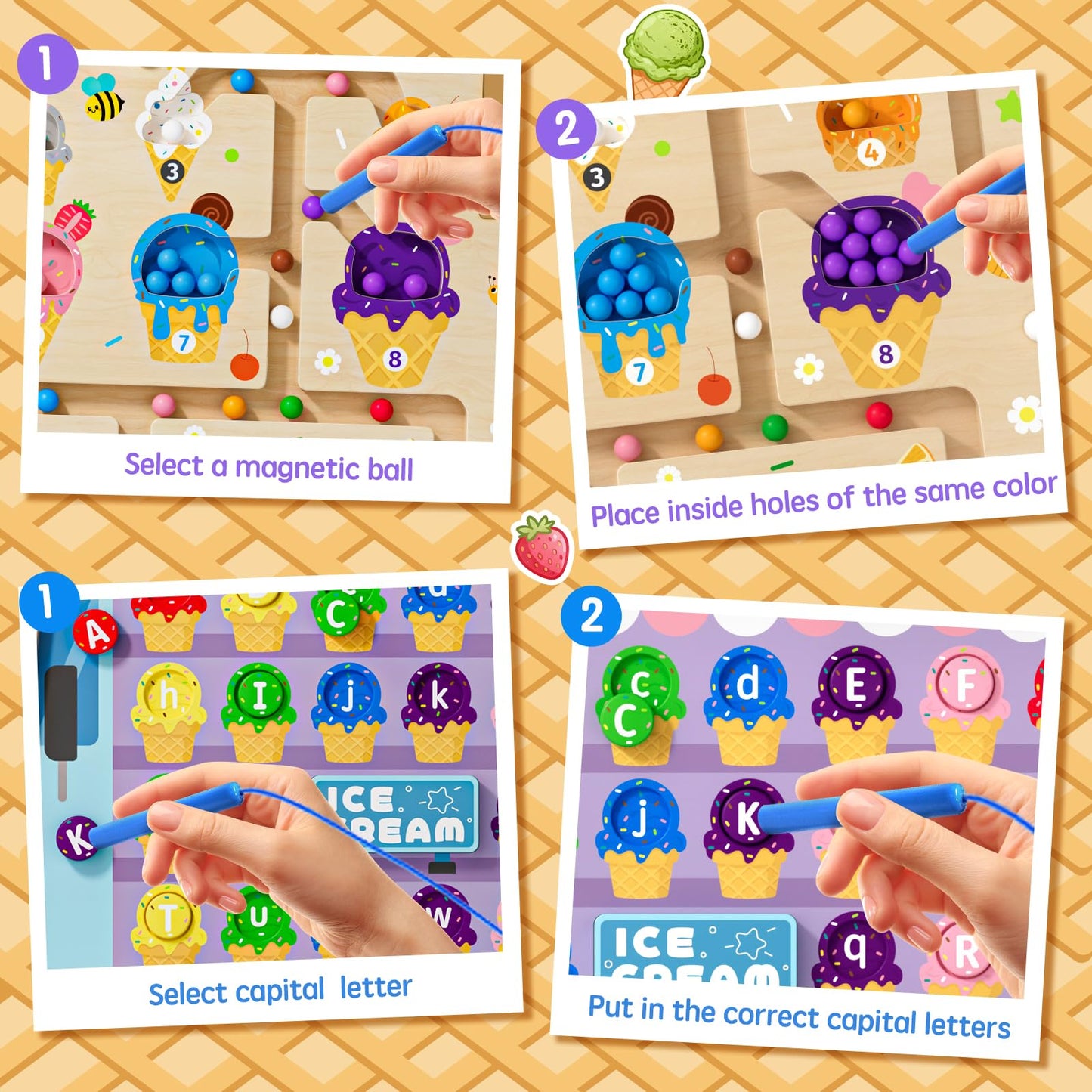UMEREACT 2 in 1 Magnetic Color and Number Maze Double-Sided ABC Alphabet Puzzles Board Magnet Dinosaur Counting Maze Preschool Learning Montessori Education 3 4 5 Years Toys (Ice Cream, One Size)