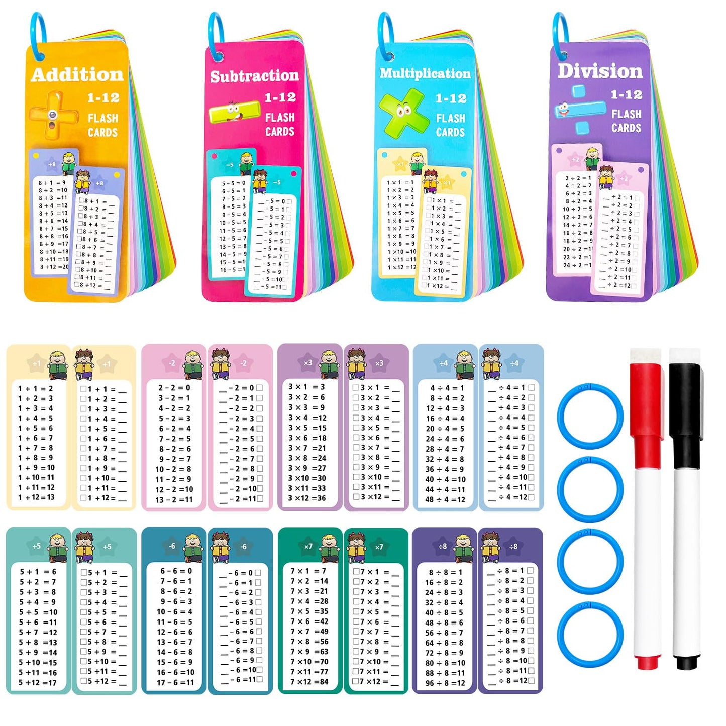 Anemeeoke 60Pack Multi Math Flash Cards, Addition Subtraction Multiplication Division Flashcard, with 2 Dry Erase Markers, 4 Rings, Educational Times Table Flashcards for Classroom Home