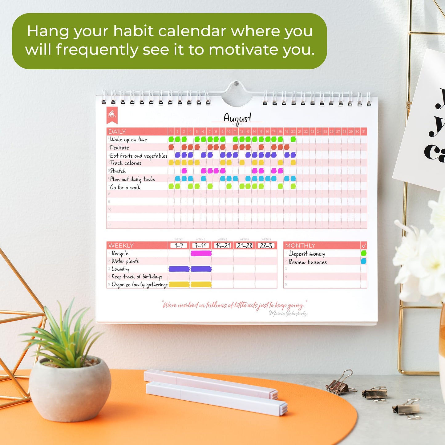 Clever Fox Habit Tracker Calendar – Inspirational Goal Tracker and Habit Calendar for Atomic Habits – Colorful Habit & Goal Planner Journal to Boost Productivity – 24 Months, 10″ x 8″ (Pink)