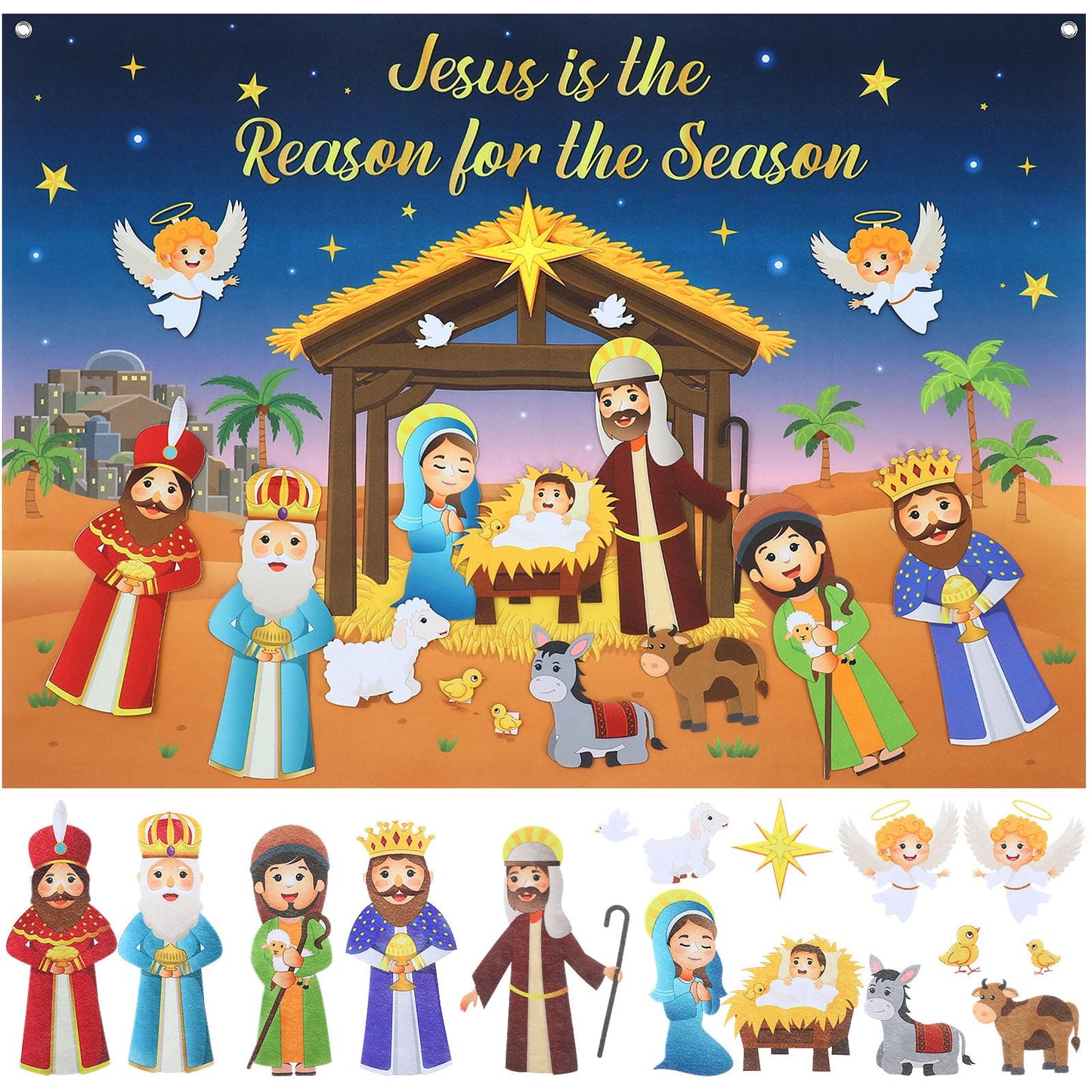 Tiamon Felt Christmas Tree for Kids Nativity Story Board Set Advent DIY Religious Nativity Scene with 17 Pcs Detachable Wall Ornaments Felt Board Craft Gift for Toddler Classroom Door Wall Decor
