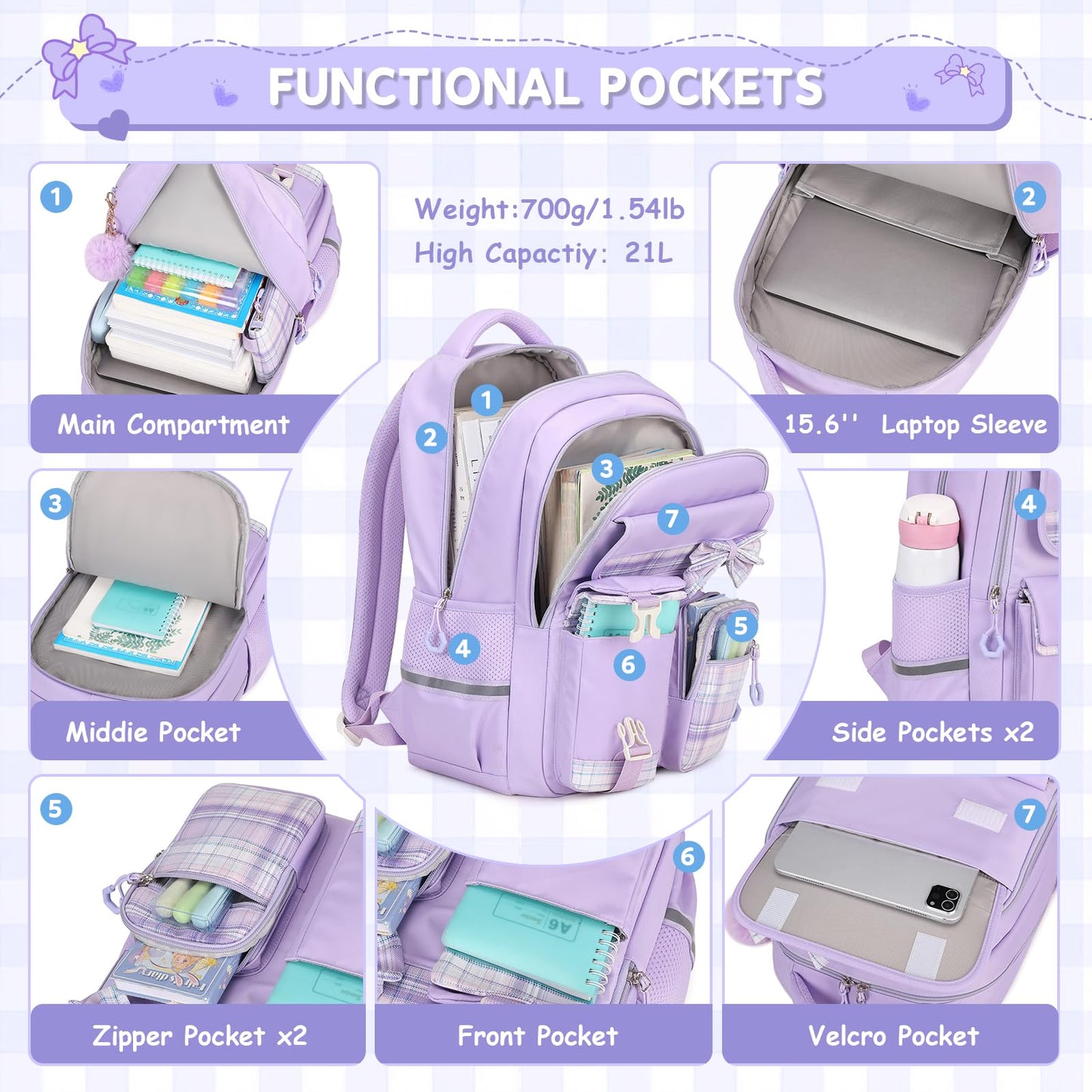 MOONBABY Girls Backpack, Kids Backpack for Girls School Bags with Pen Case, Bow Plaid Book Bag for Elementary Middle Primary High School College, Purple-2pcs